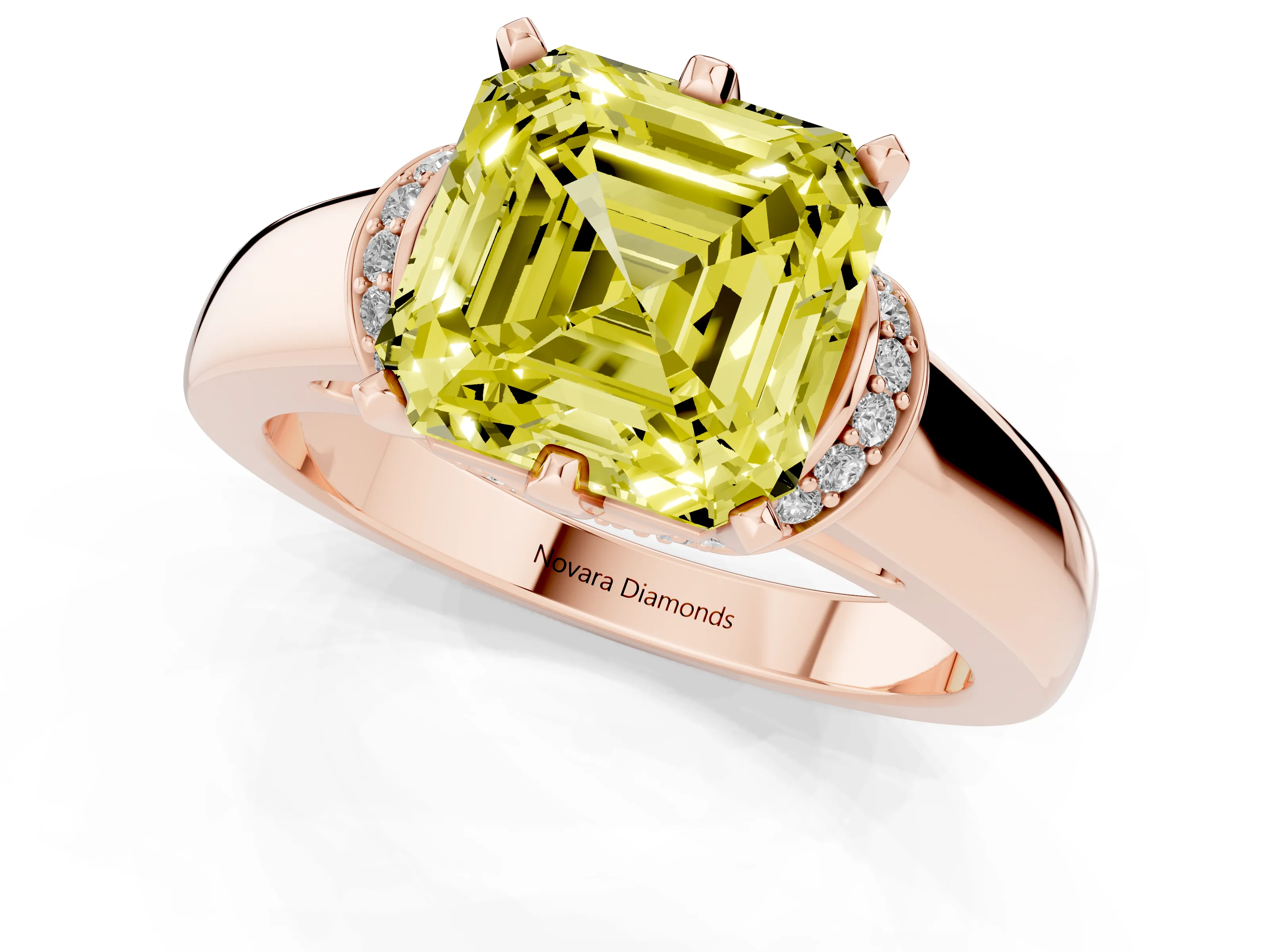 Fancy Yellow Asscher Cut Diamond Pavé Band Solitaire Ring Set in Rose gold with Prong Setting