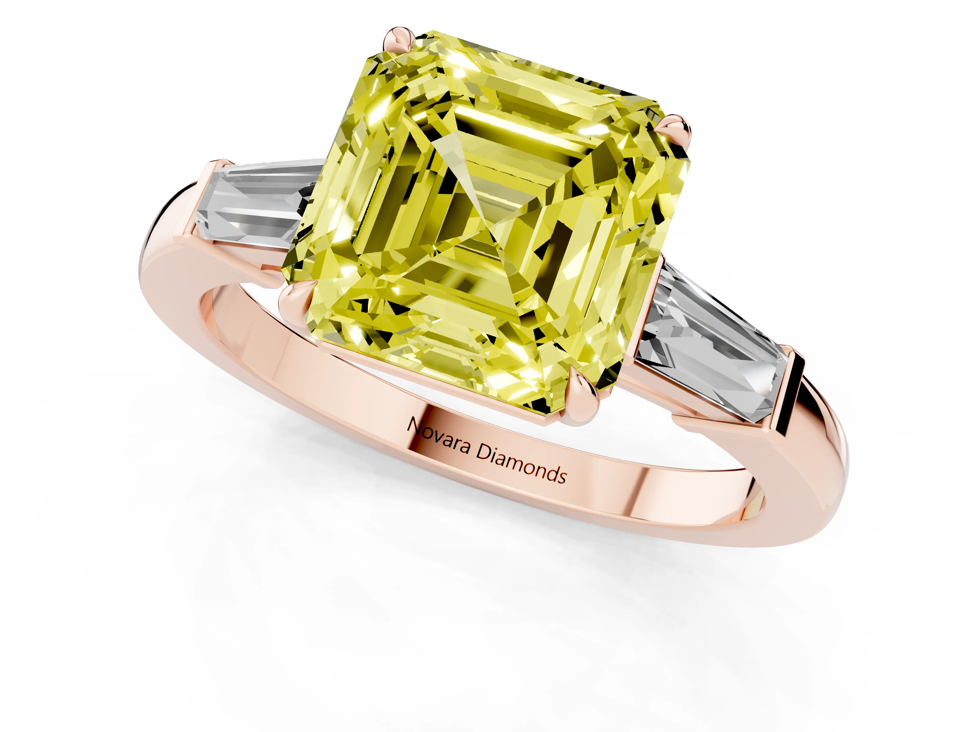 Fancy Yellow Asscher Cut Diamond Three-Stone Ring Set in Rose gold with Tapered Baguette Side Stones and Prong Setting