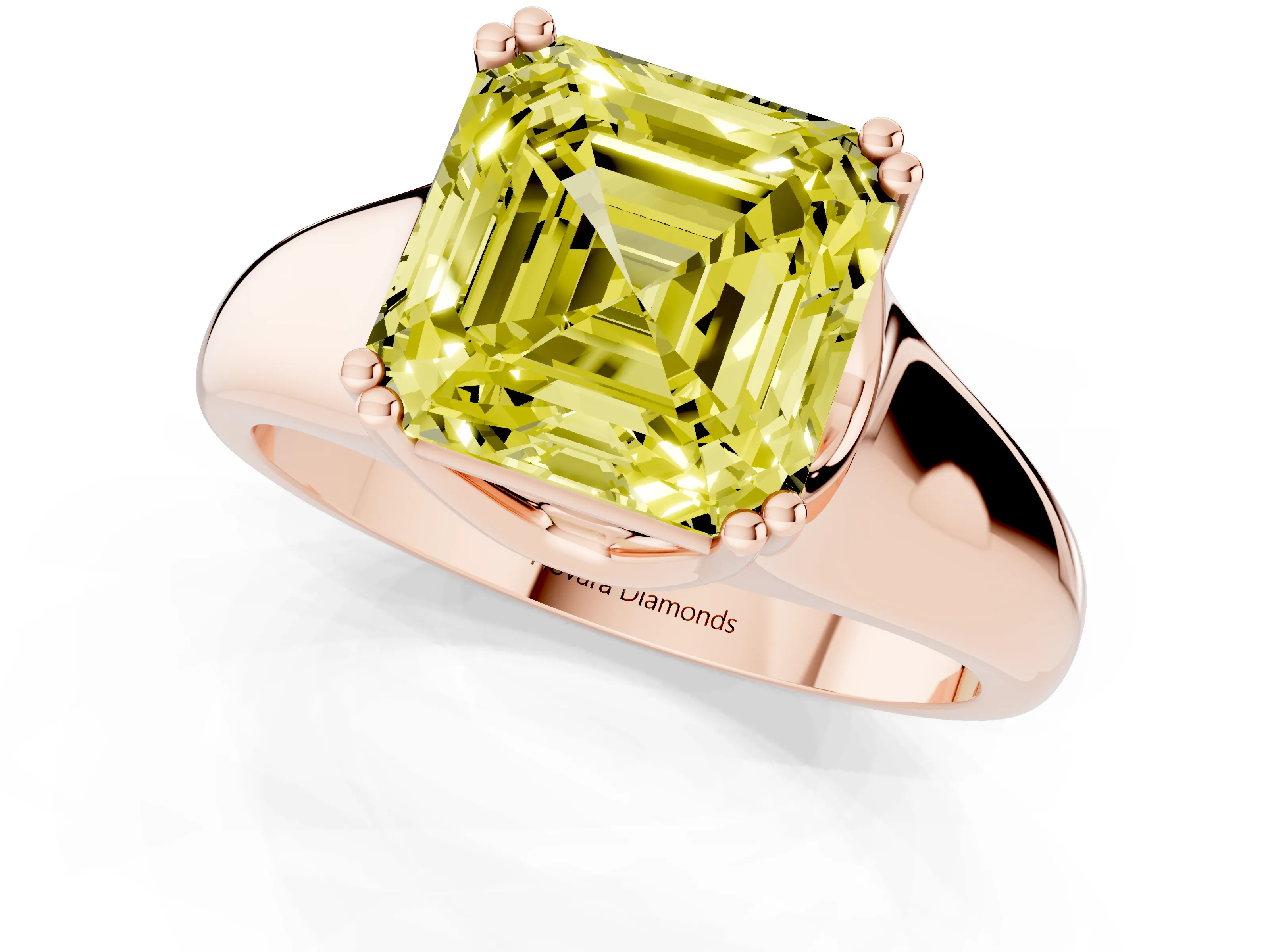 Fancy Yellow Asscher Cut Diamond Solitaire Ring Set in Rose gold with Wide Band and Prong Setting