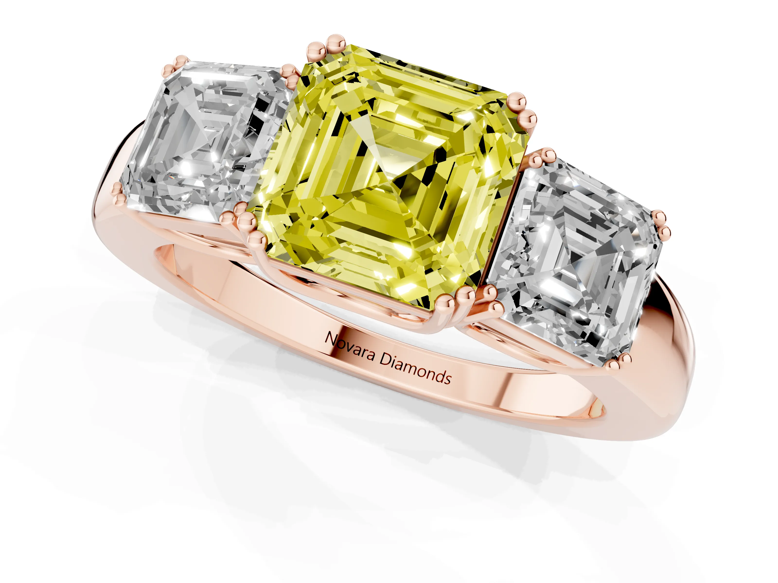 Fancy Yellow Asscher Cut Diamond Three-Stone Ring Set in Rose gold with Polished Band and Prong Setting