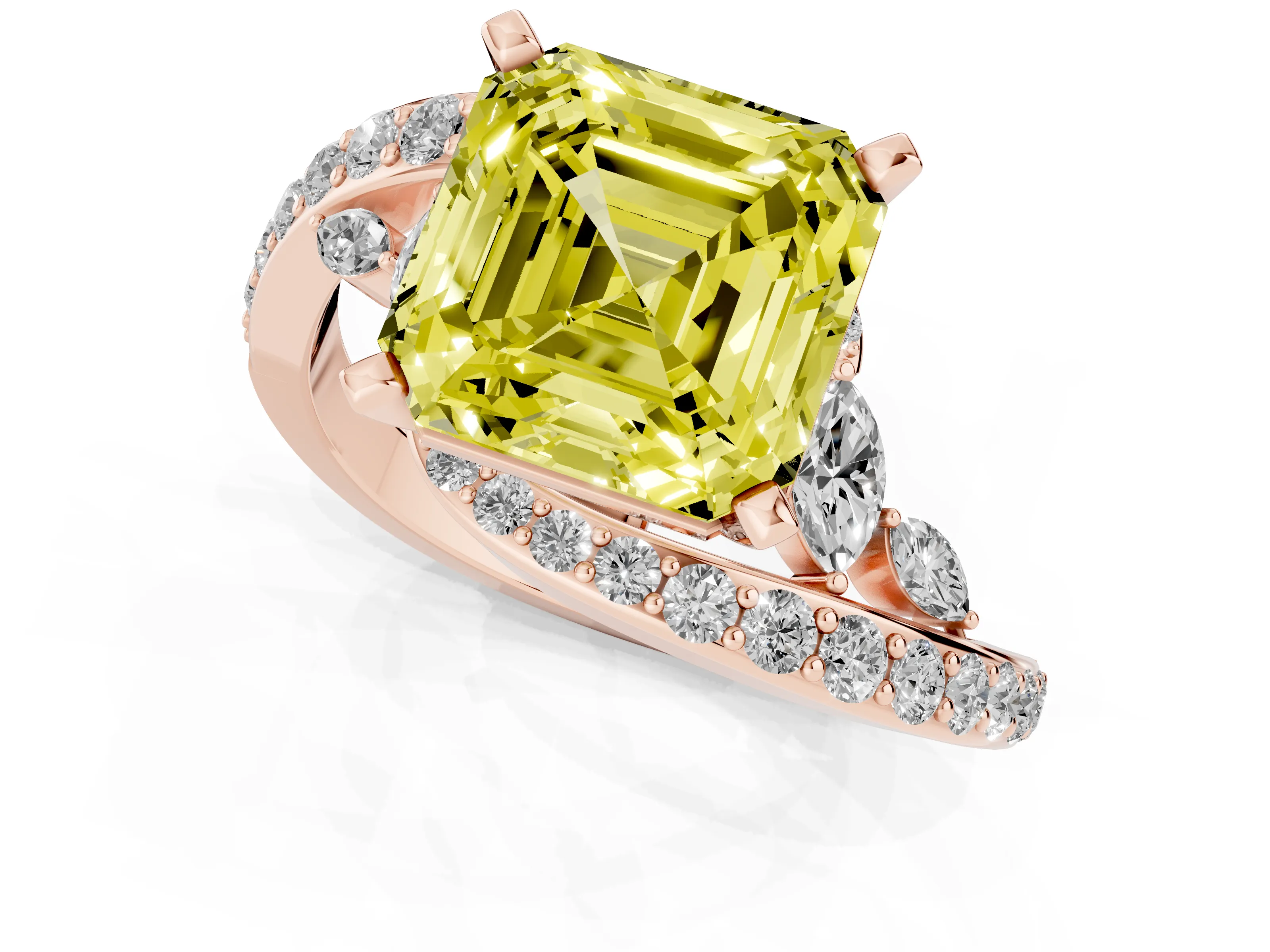 Fancy Yellow Asscher Cut Diamond Solitaire Ring Set in Rose gold with Pavé Twist Band and Secure Prong Setting
