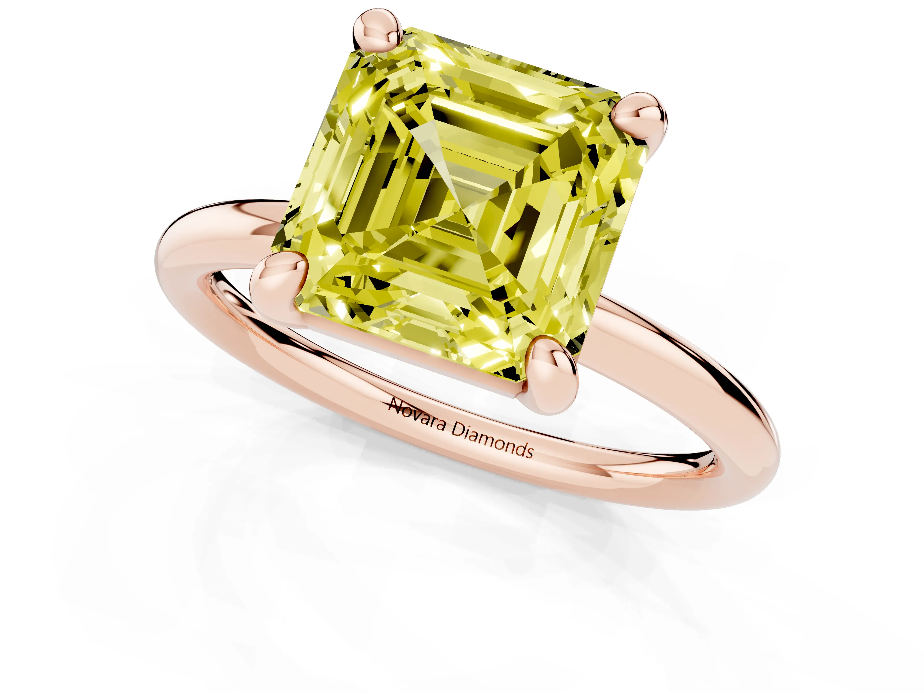 Fancy Yellow Asscher Cut Diamond Solitaire Ring Set in Rose gold with Prong Setting on a Polished Plain Band