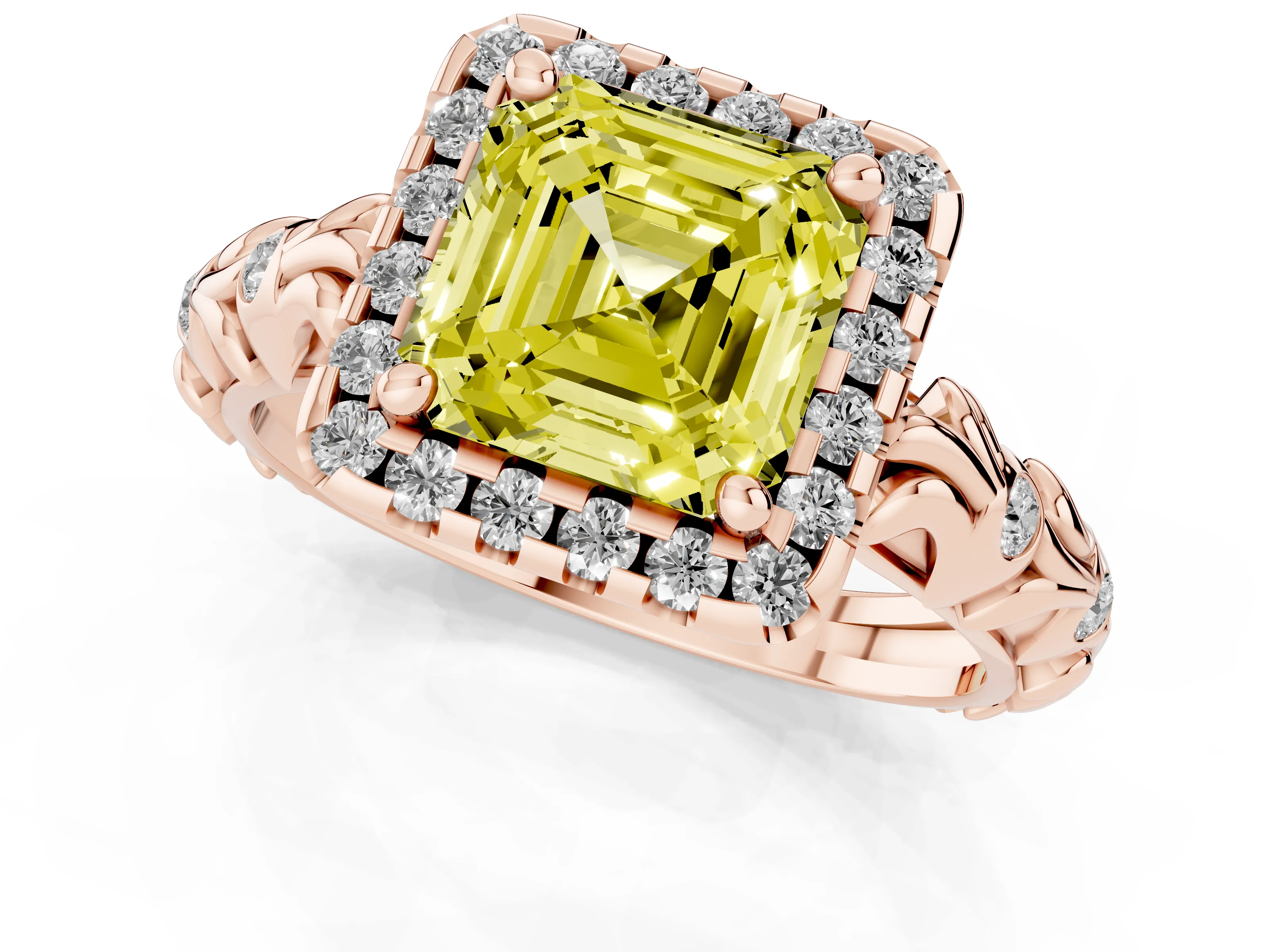 Fancy Yellow Asscher Cut Diamond Halo Ring Set in Rose gold with Filigree Leaf Band and Prong Setting