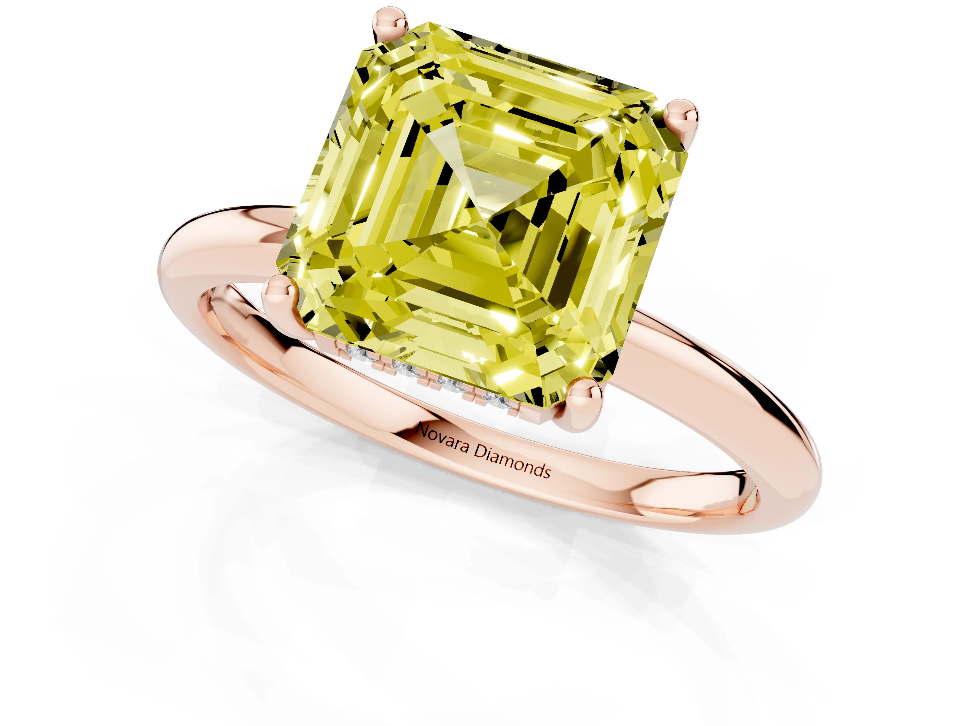 Fancy Yellow Asscher Cut Diamond Solitaire Engagement Ring Set in Rose gold with Prong Setting and Polished Band