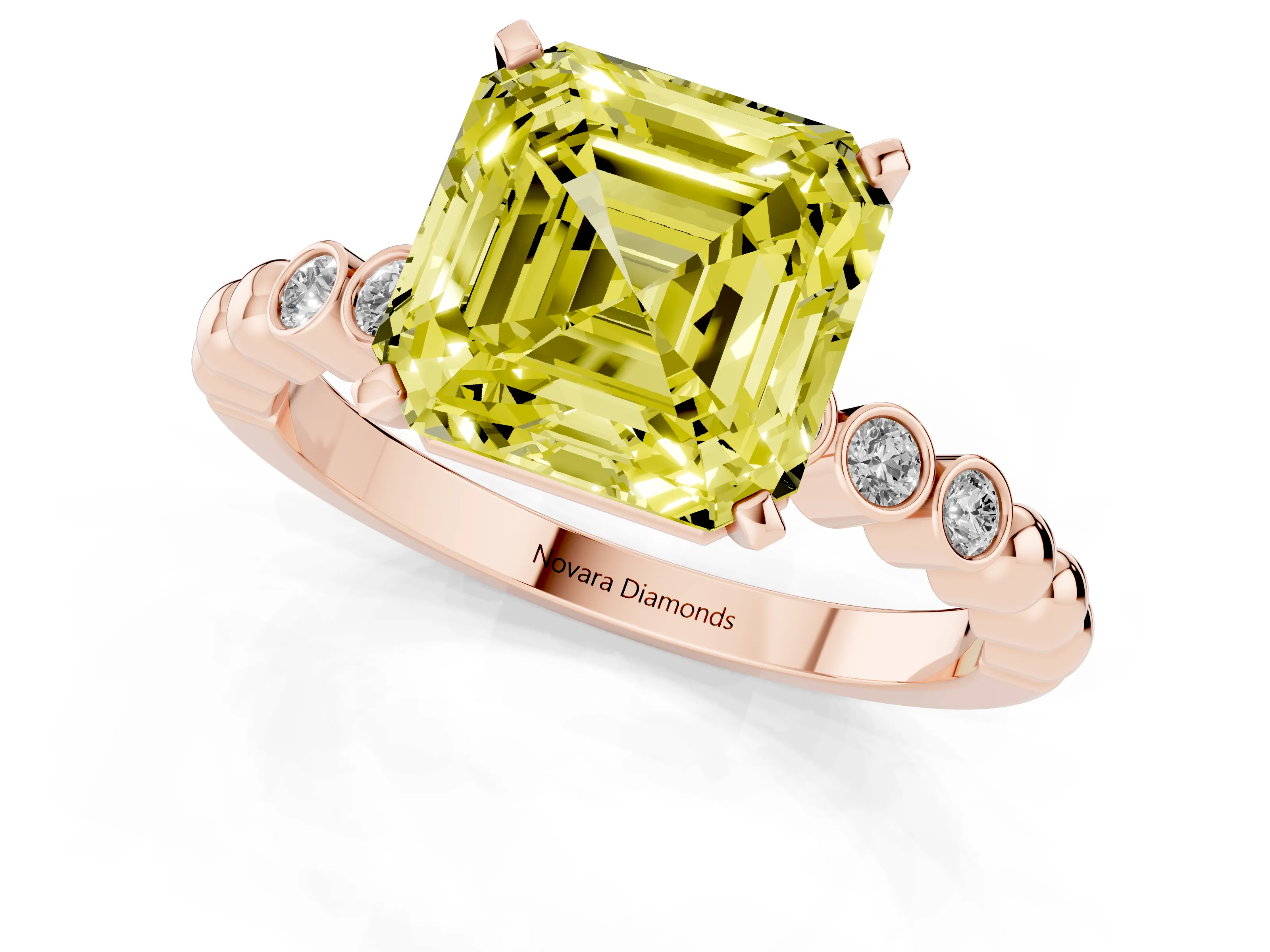 Fancy Yellow Asscher Cut Diamond Solitaire Engagement Ring Set in Rose gold with Bezel Accents on Beaded Band