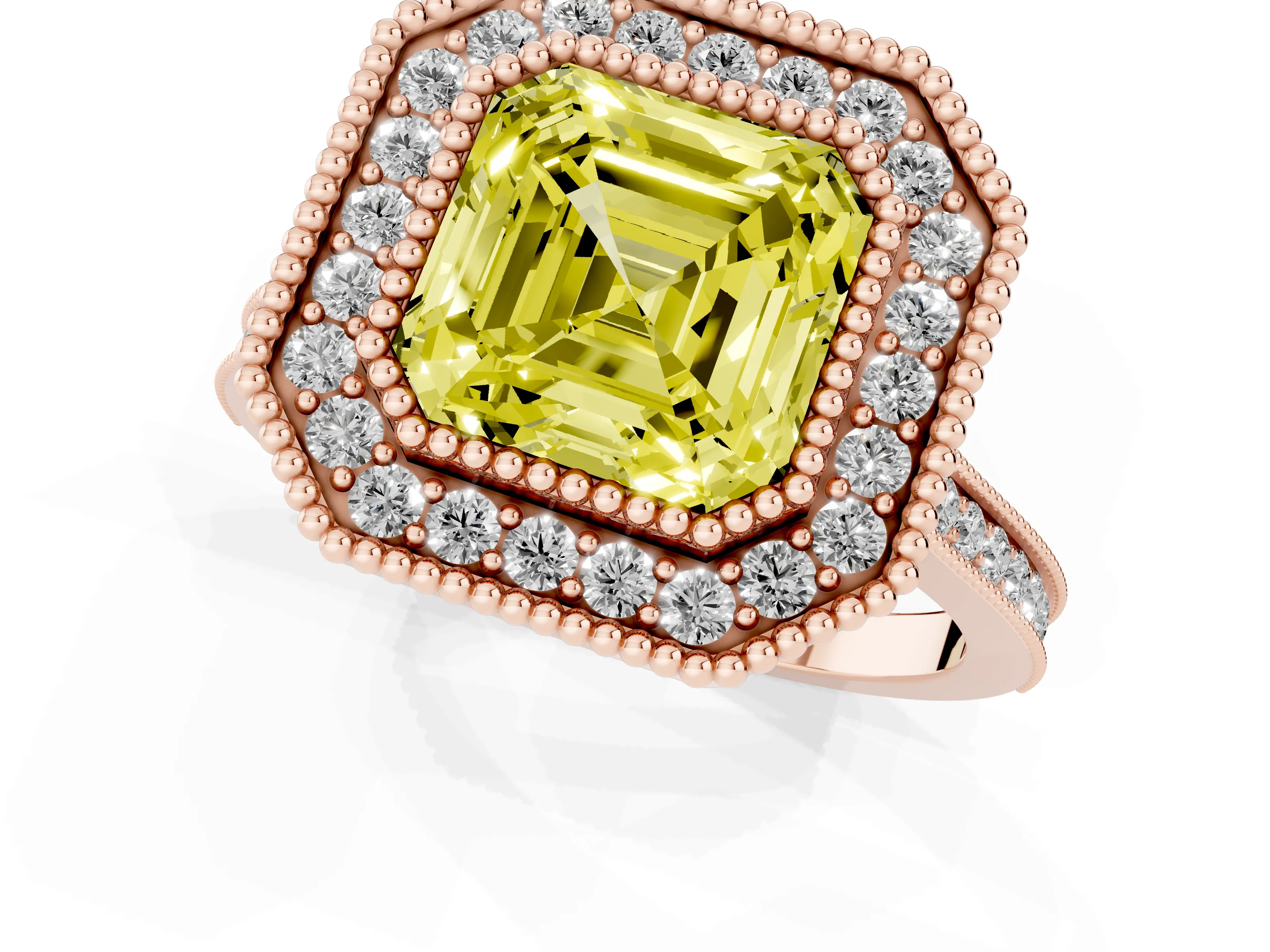 Fancy Yellow Asscher Cut Diamond Halo Ring Set in Rose gold with Milgrain Frame and Pavé Band