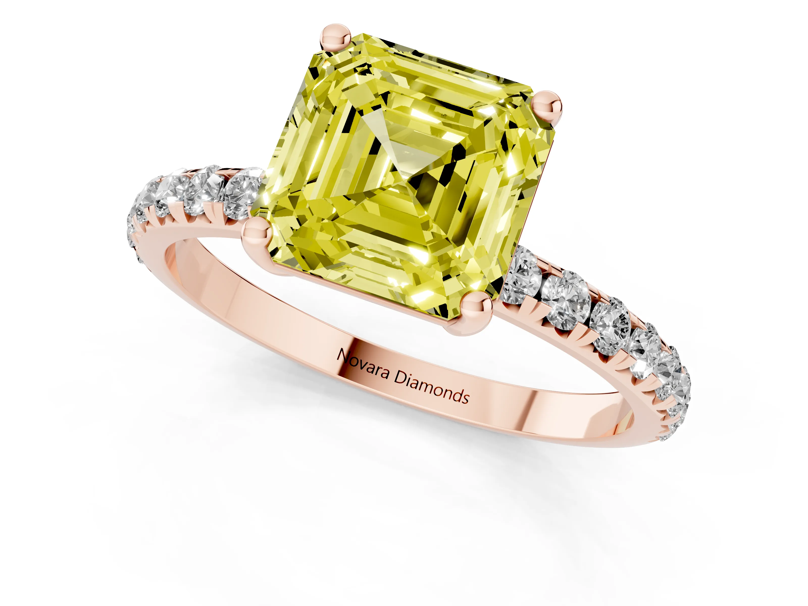 Fancy Yellow Asscher Cut Diamond Solitaire Ring Set in Rose gold with Micro Pavé Band and Prong Setting
