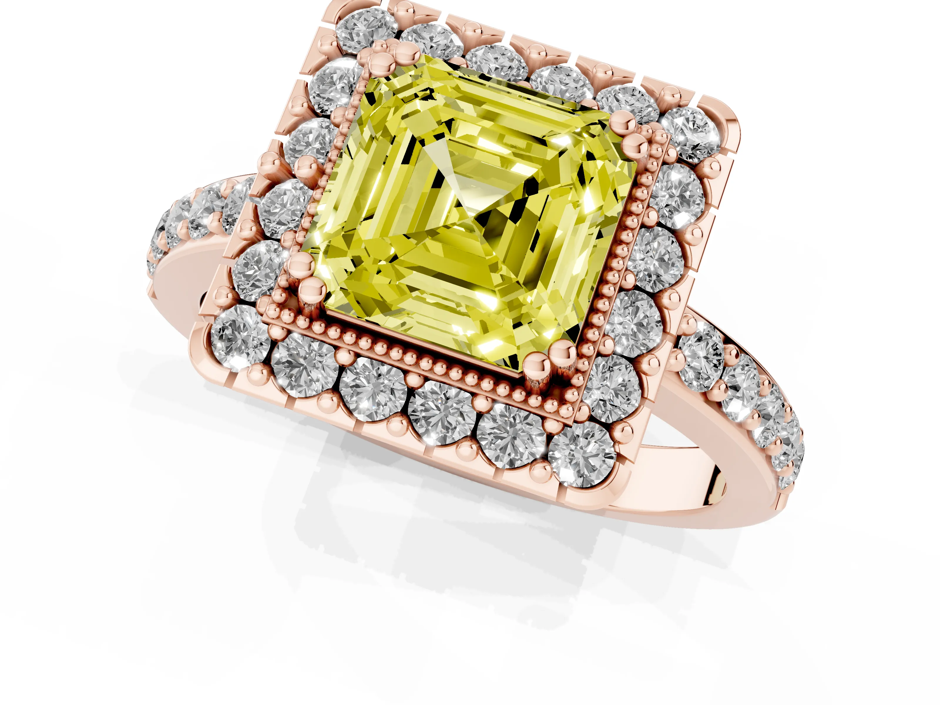 Fancy Yellow Asscher Cut Diamond Halo Ring Set in Rose gold with Pavé Shank and Prong Setting