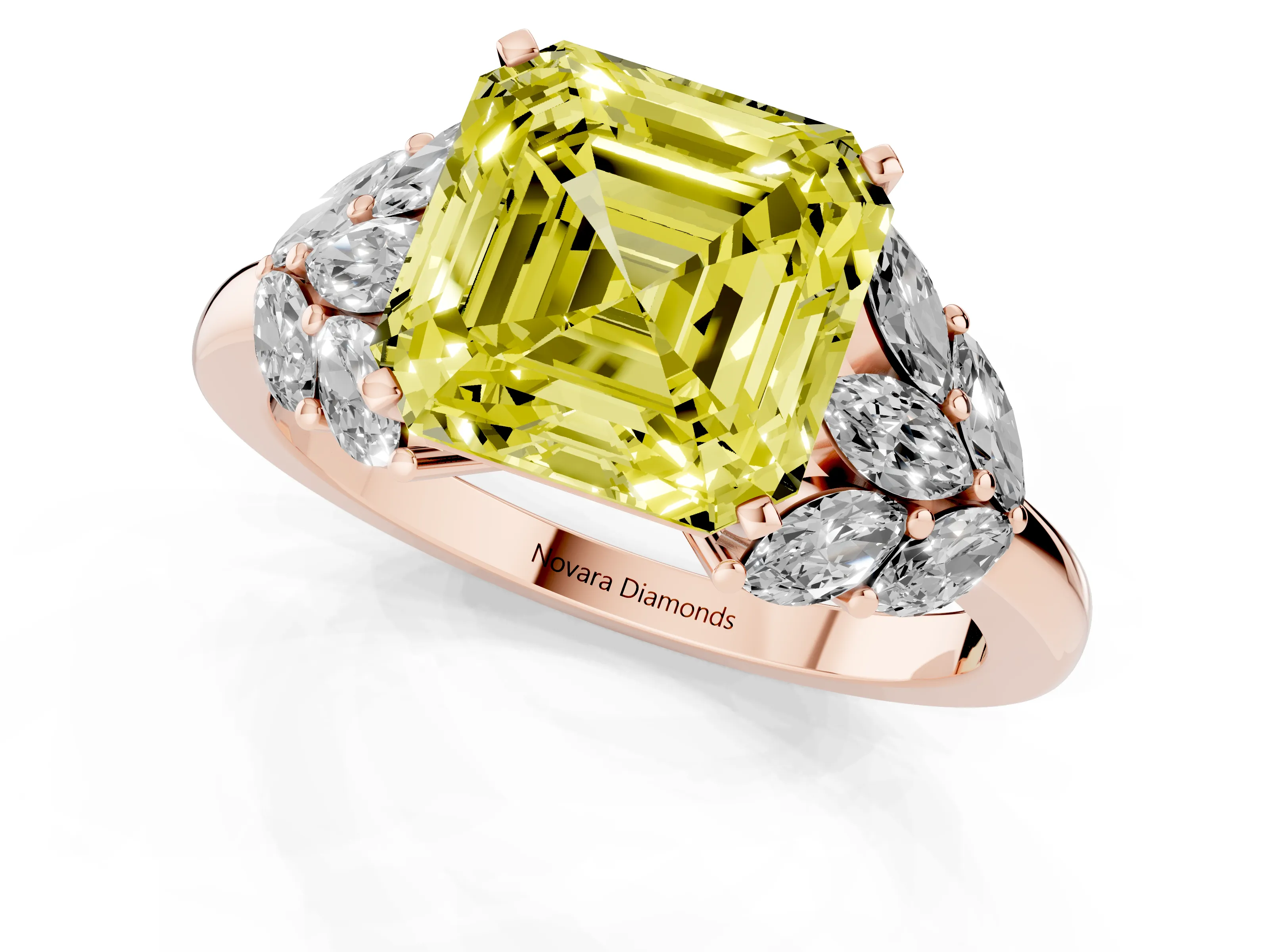 Fancy Yellow Asscher Cut Diamond Cluster Leaf Design Ring Set in Rose gold with Prong Setting