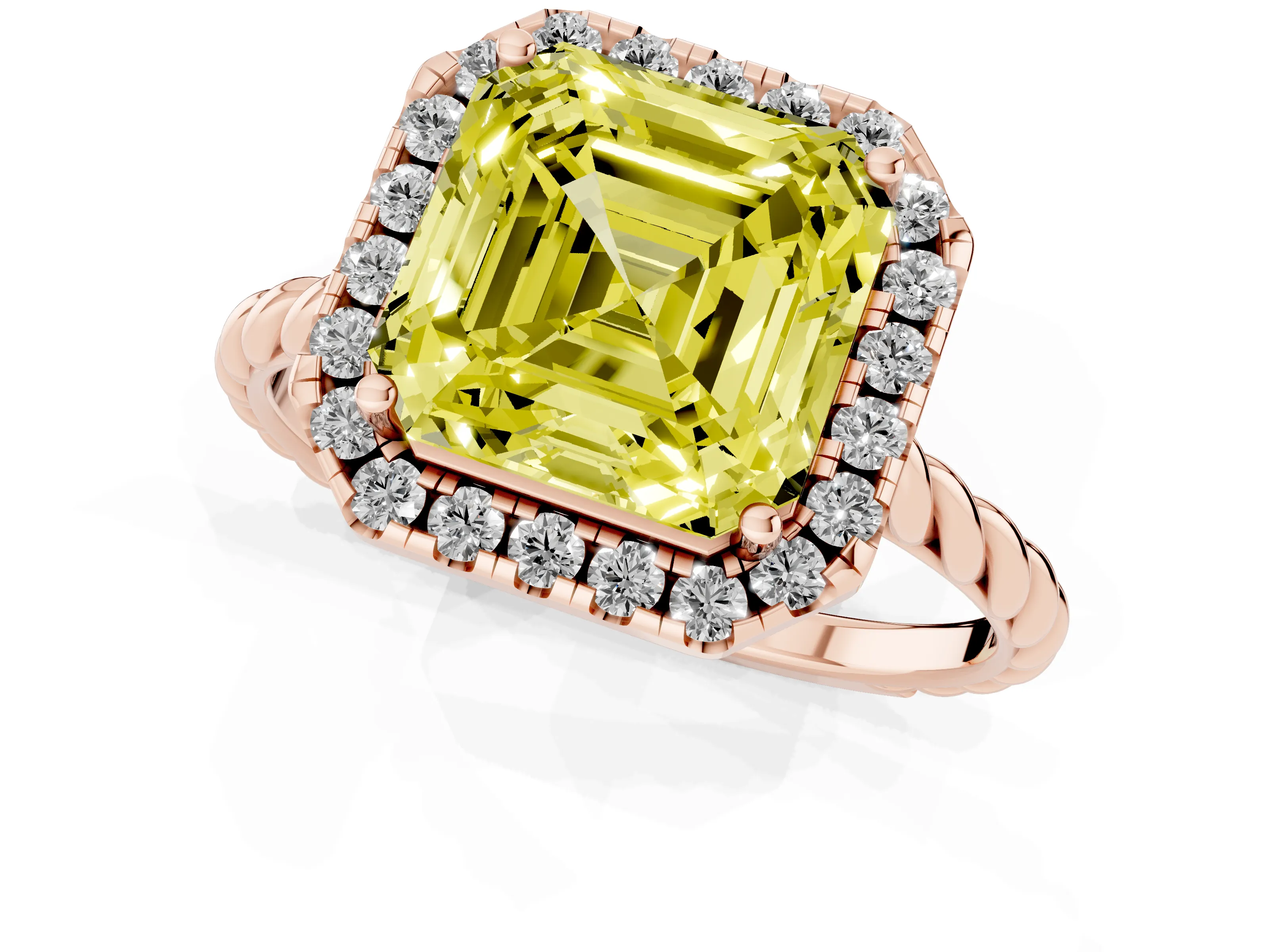 Fancy Yellow Asscher Cut Diamond Halo Ring Set in Rose gold with Plain Twisted Band