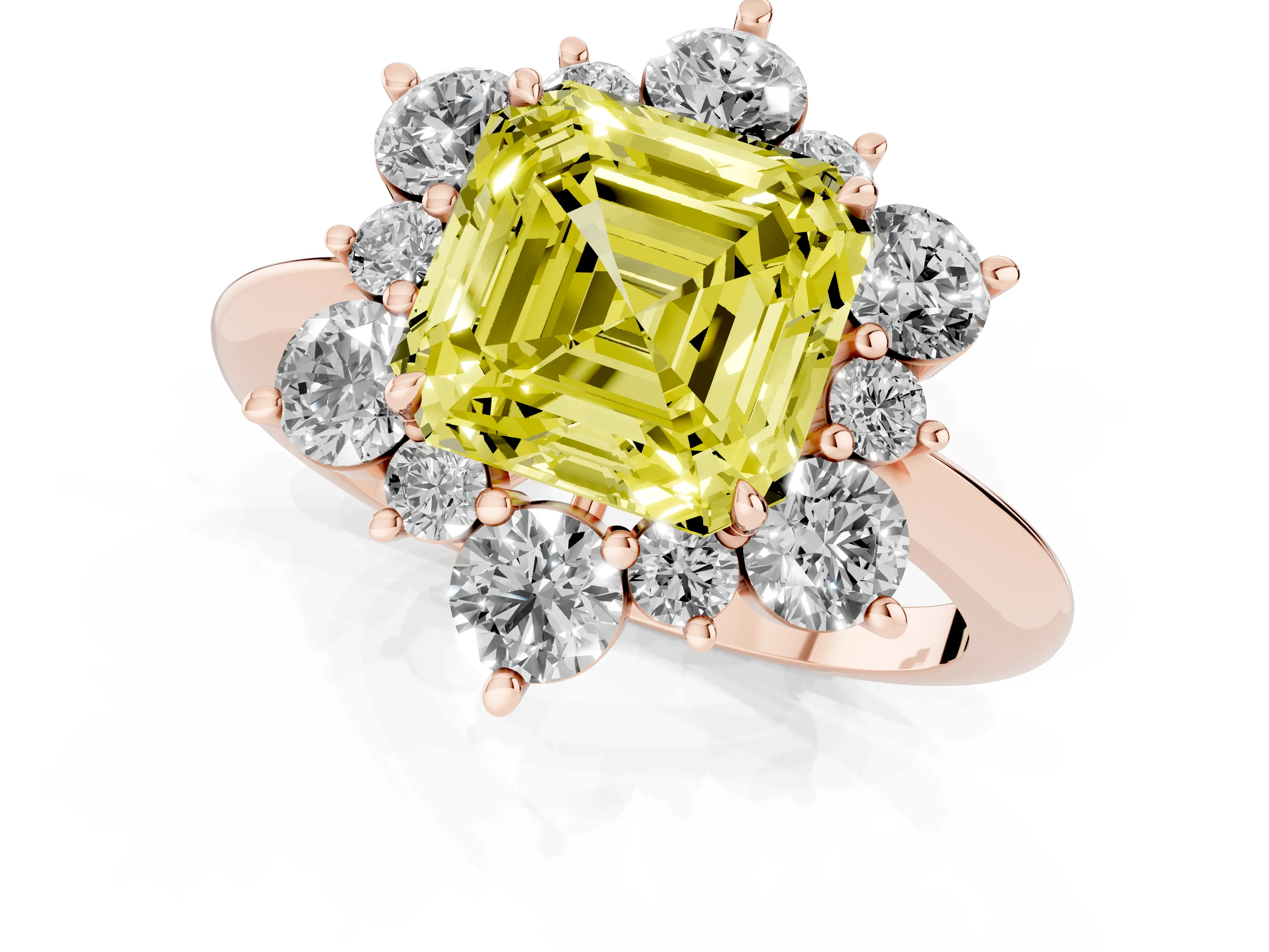Fancy Yellow Asscher Cut Diamond Cluster Halo Ring Set in Rose gold with Solitaire Band and Prong Setting