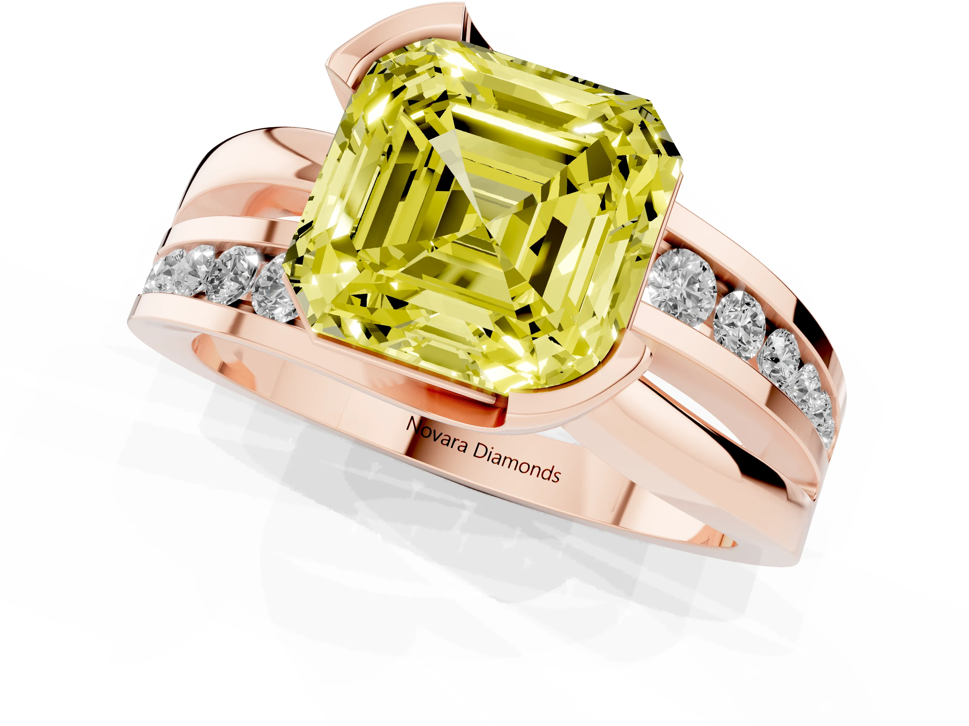Fancy Yellow Asscher Cut Diamond Solitaire Ring Set in Rose gold with Channel Set Split Shank and Tension Prongs