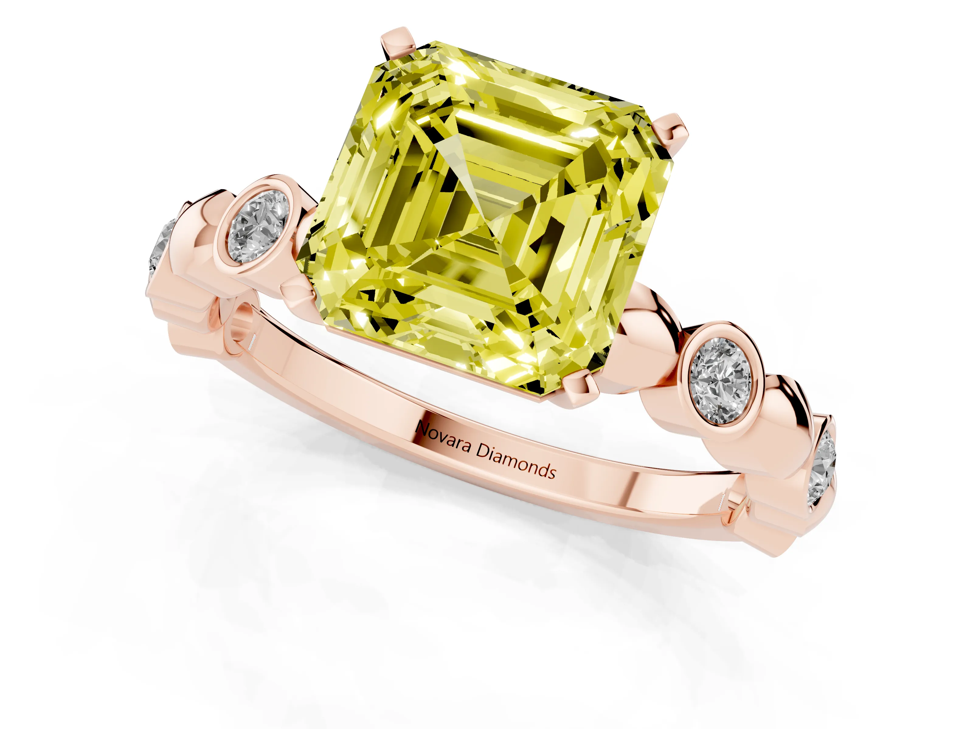 Fancy Yellow Asscher Cut Diamond Solitaire Ring Set in Rose gold with Bezel-Set Accents on Beaded Band and Prong Setting