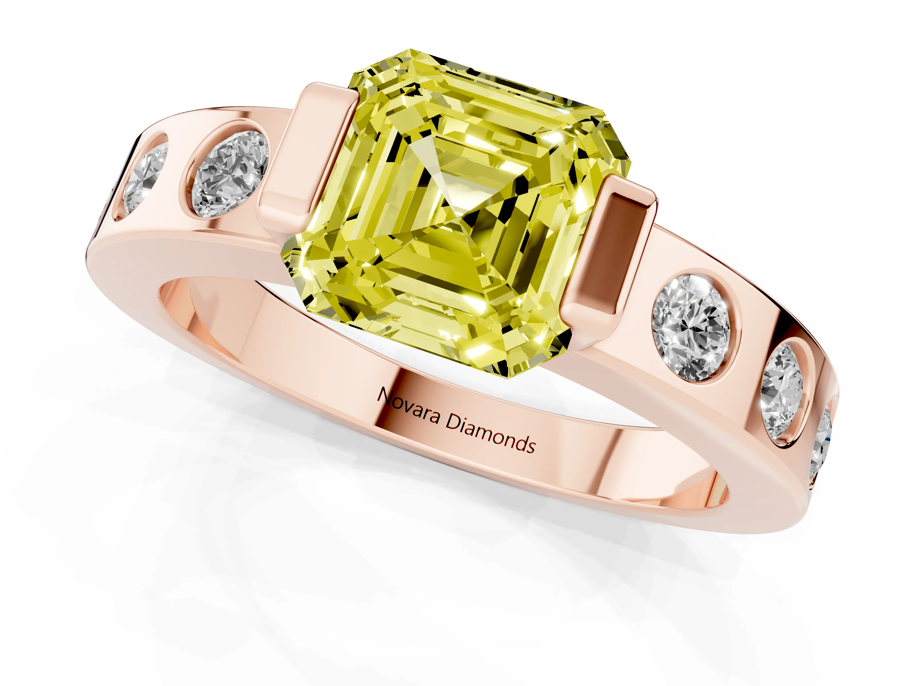 Fancy Yellow Asscher Cut Diamond Channel-Set Band Ring Set in Rose gold with Bezel Prong Setting
