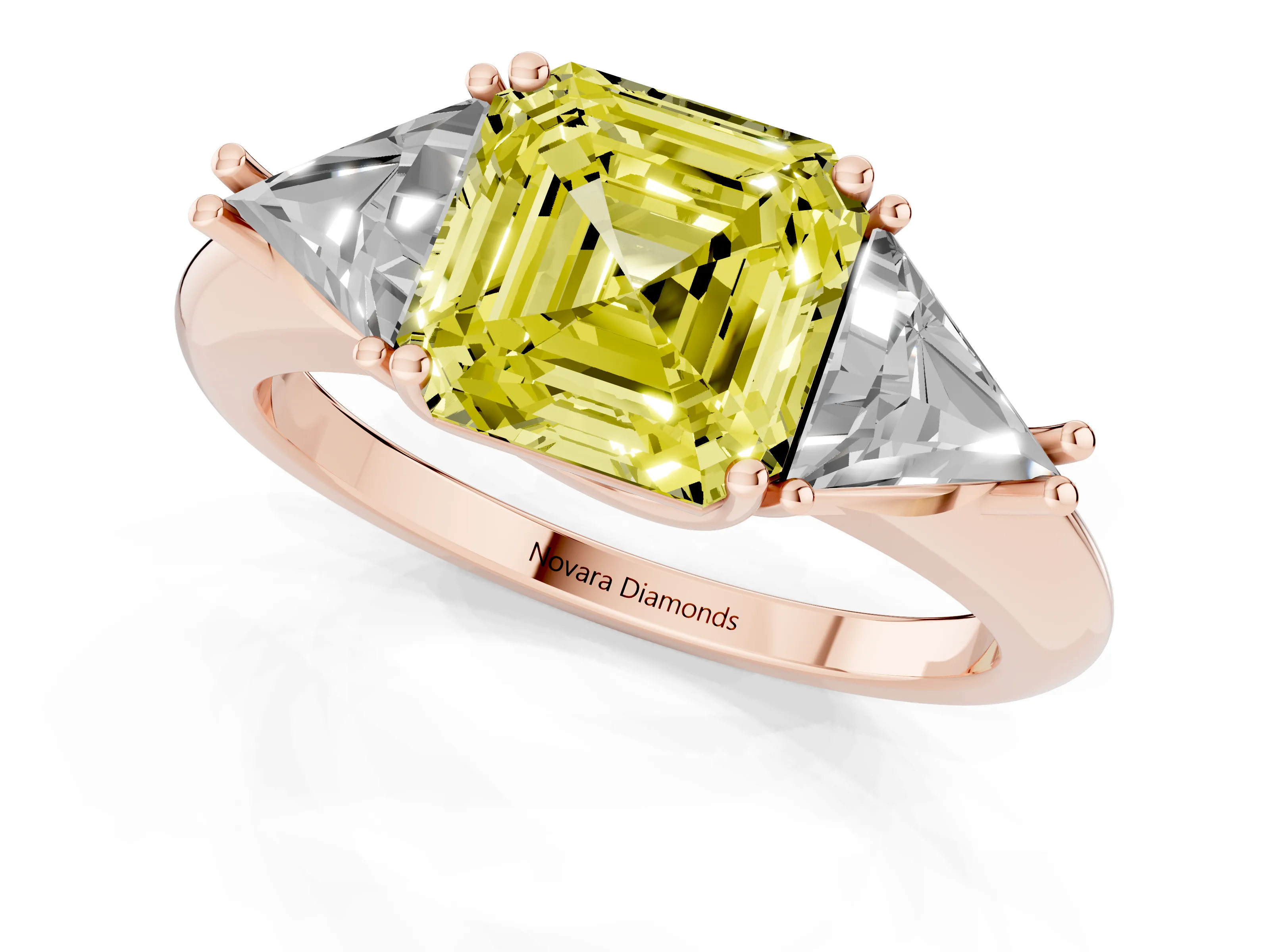Fancy Yellow Asscher Cut Diamond Three-Stone Engagement Ring Set in Rose gold with Trillion Side Stones