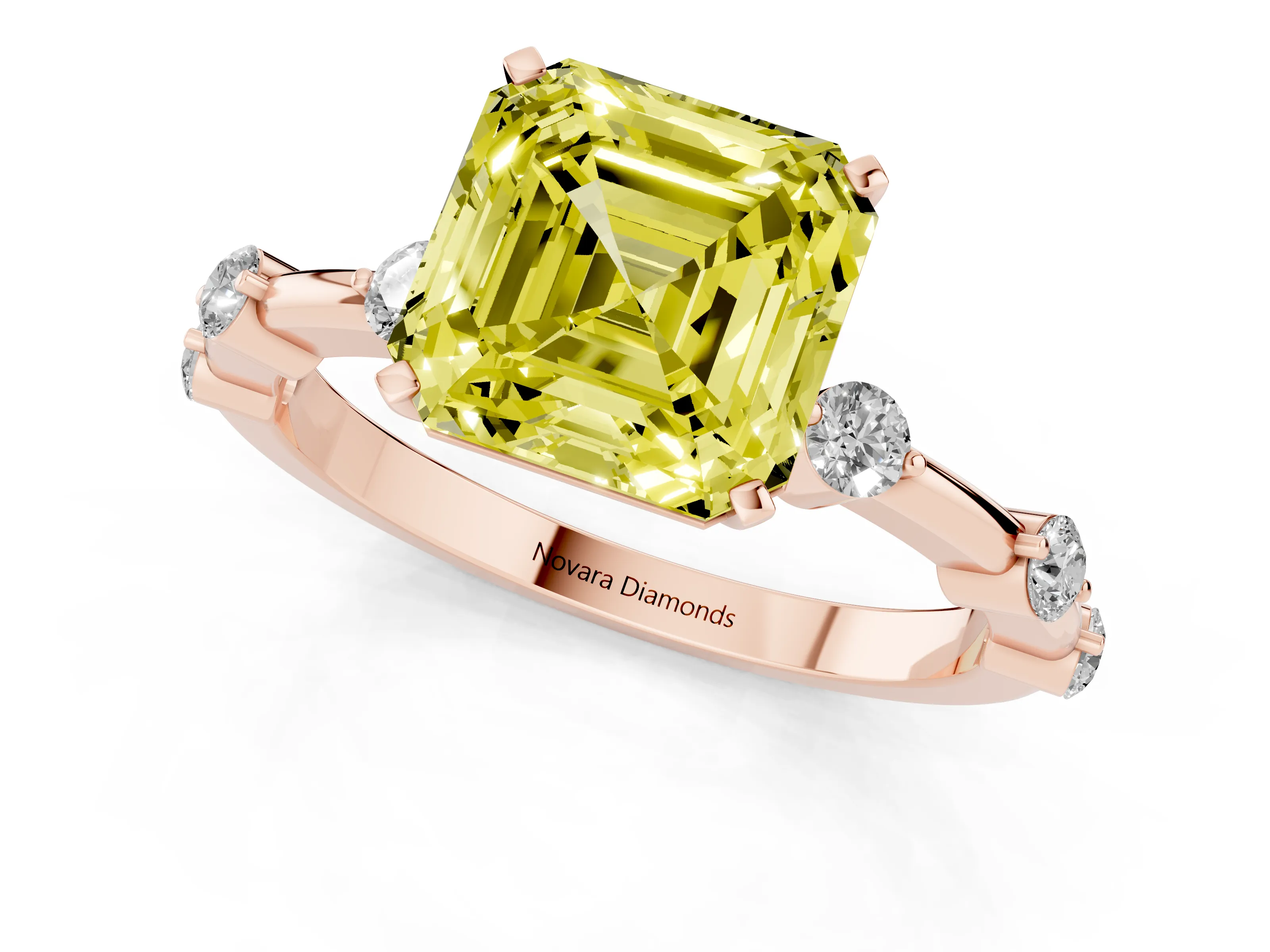 Fancy Yellow Asscher Cut Diamond Solitaire Ring Set in Rose gold with Bezel Set Side Stones and Prong Setting