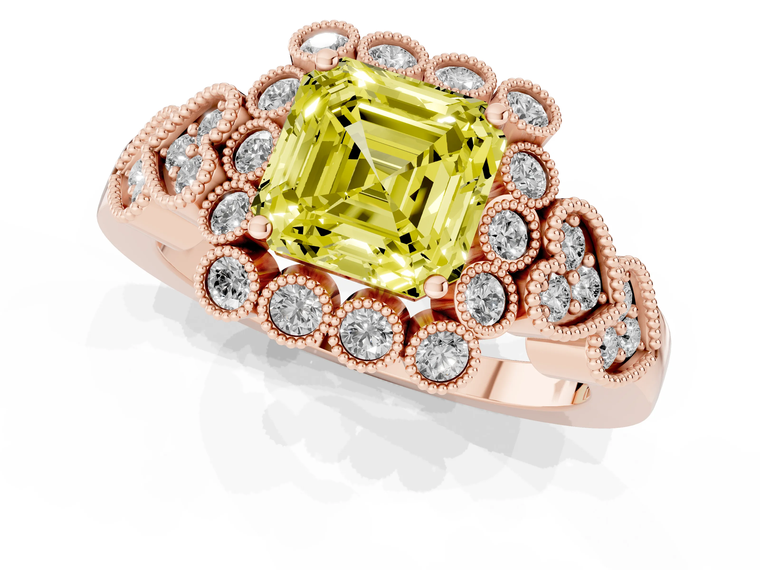 Fancy Yellow Asscher Cut Diamond Solitaire Ring Set in Rose gold with Milgrain Pavé Heart Band