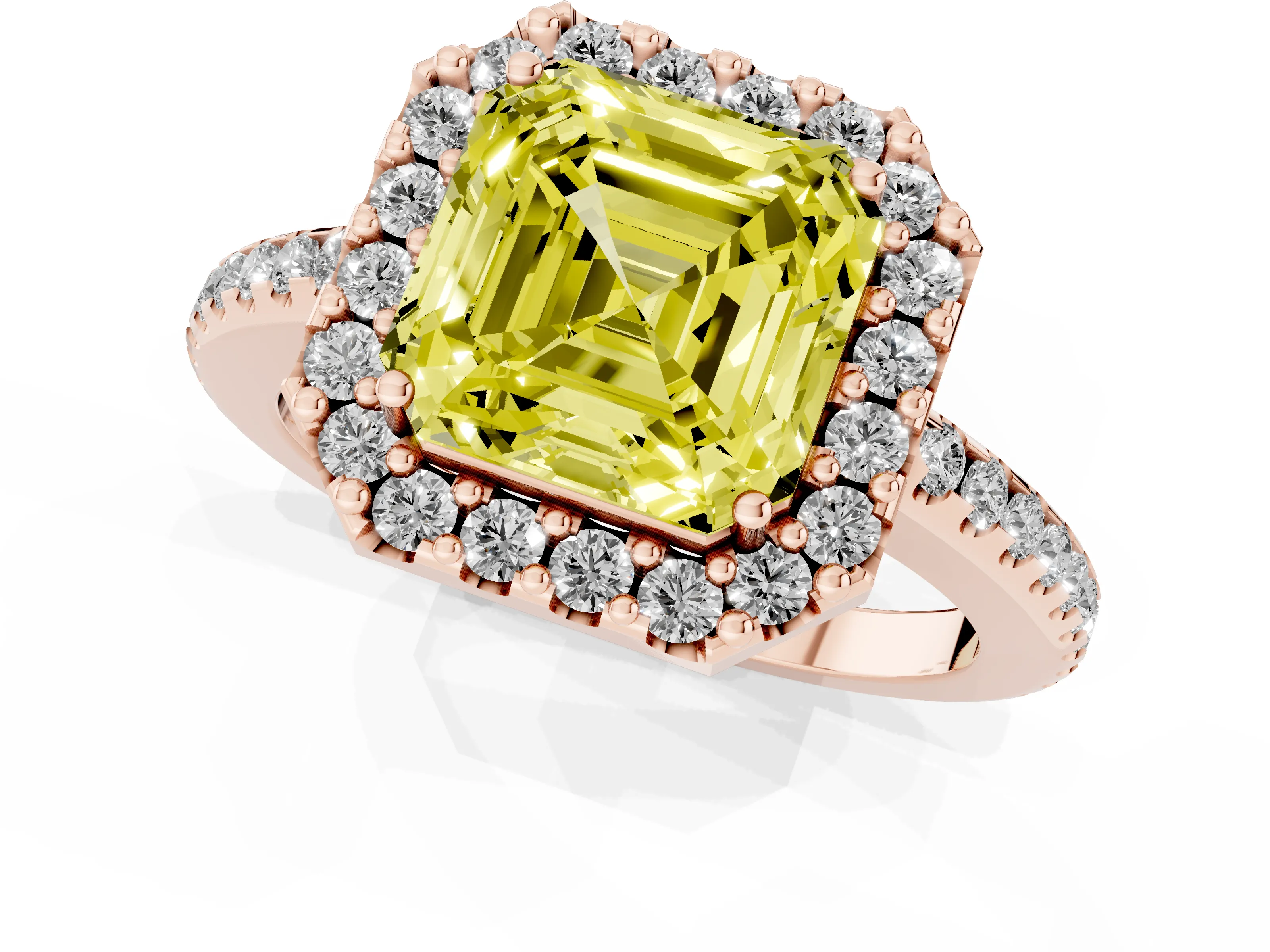 Fancy Yellow Asscher Cut Diamond Pavé Halo Ring Set in Rose gold with Prong Setting