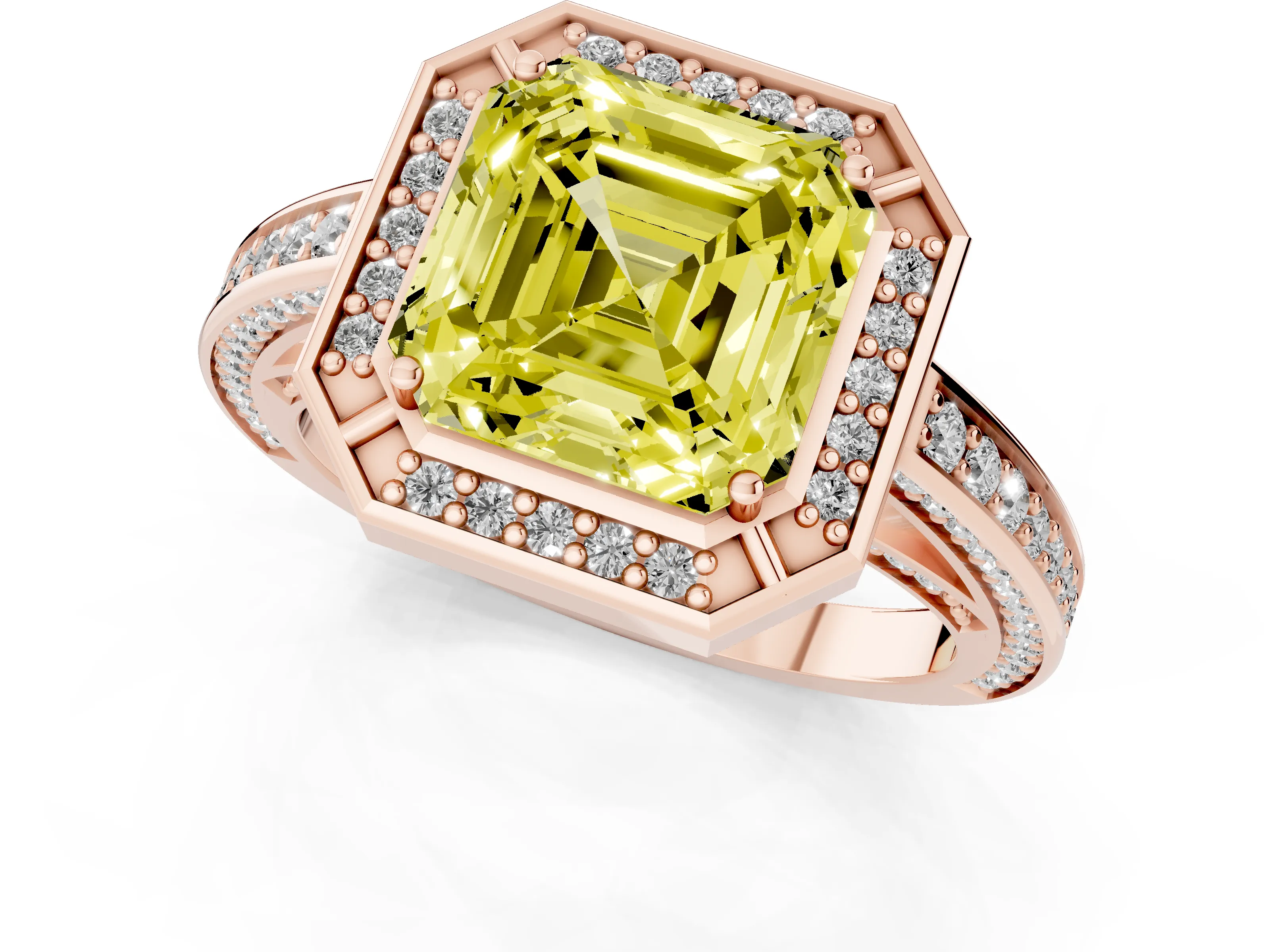 Fancy Yellow Asscher Cut Diamond Halo Pavé Split Shank Ring Set in Rose gold with Prong Setting