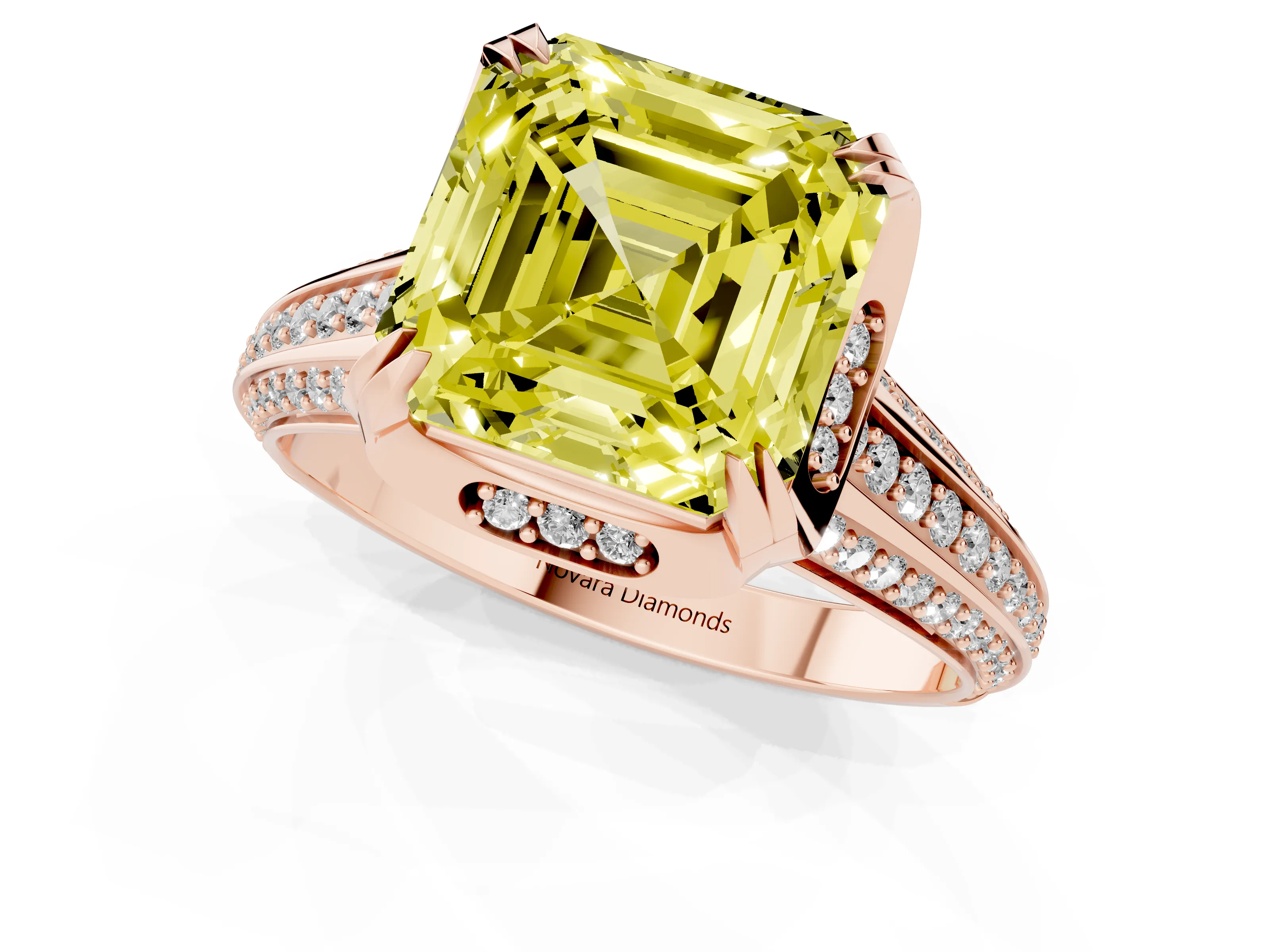 Fancy Yellow Asscher Cut Diamond Pavé Split Shank Solitaire Ring Set in Rose gold with Prong Setting