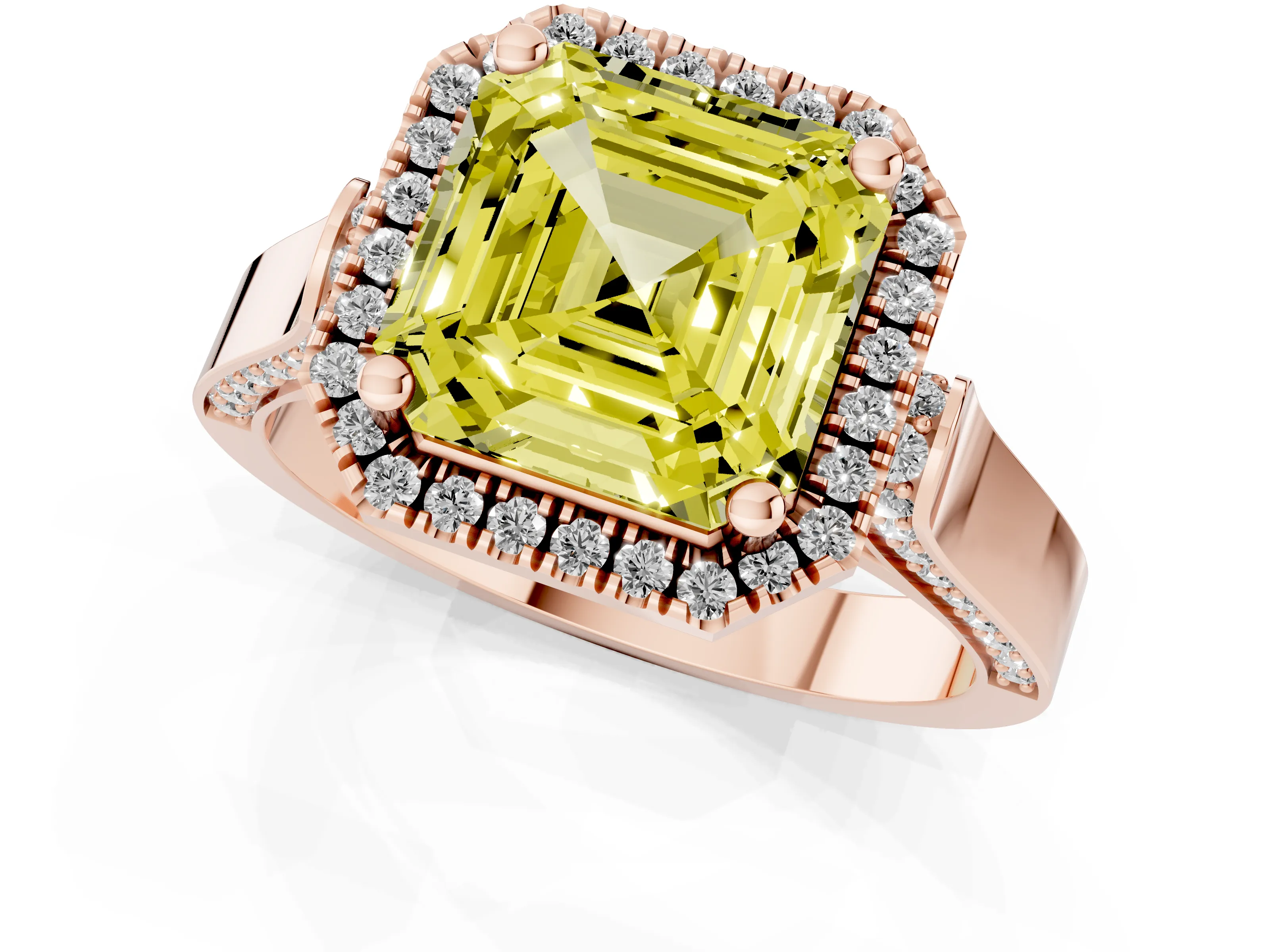 Fancy Yellow Asscher Cut Diamond Halo Ring Set in Rose gold with Pavé-Lined Split Shank Band