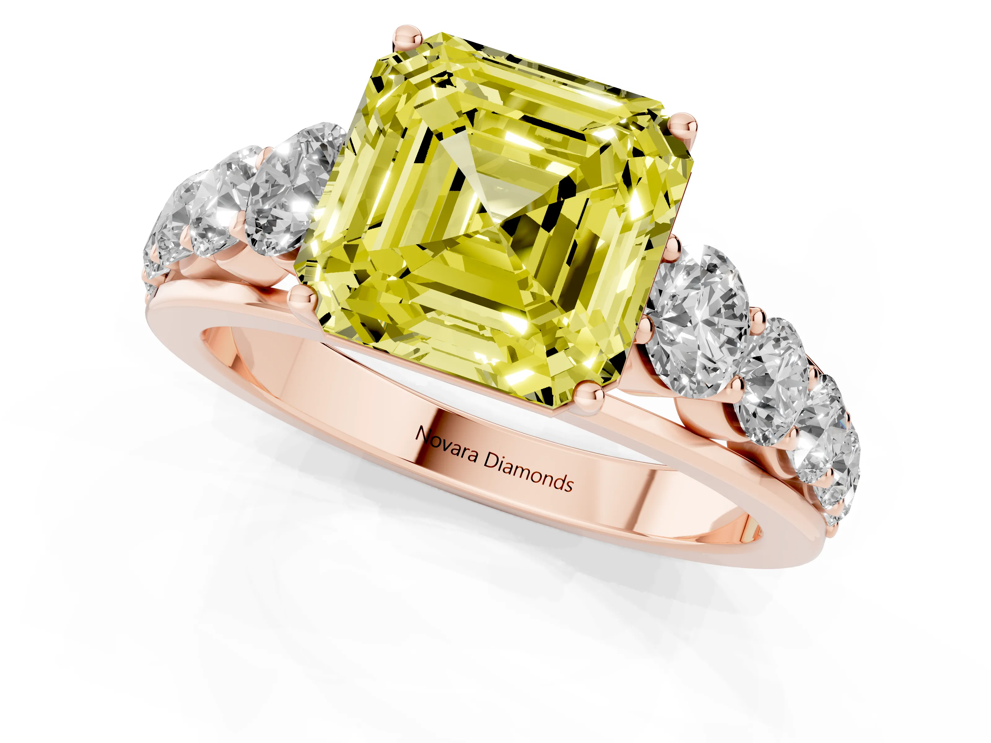 Fancy Yellow Asscher Cut Diamond Solitaire Ring Set in Rose gold with Pavé-Set Band and Prong Setting