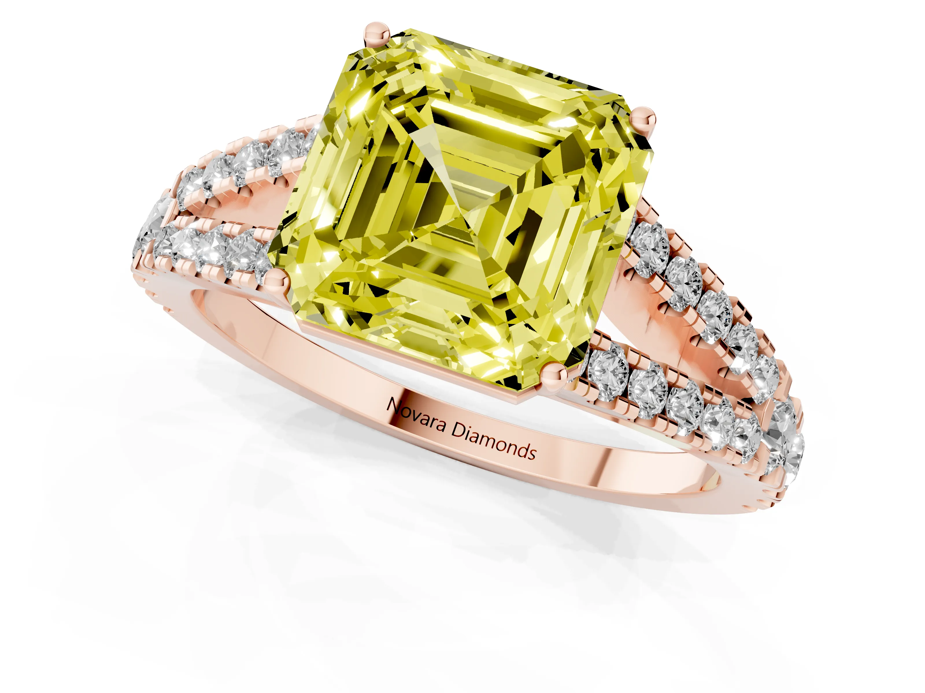 Fancy Yellow Asscher Cut Diamond Split Shank Engagement Ring Set in Rose gold with Round Pavé and Prong Setting