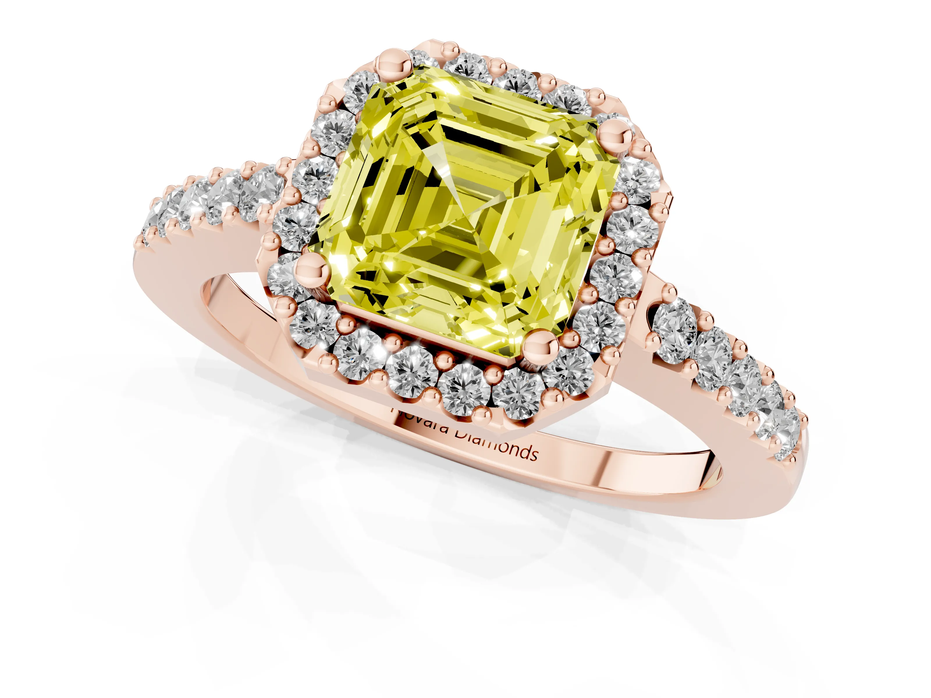 Fancy Yellow Asscher Cut Diamond Halo Pavé Solitaire Ring Set in Rose gold with Prong-Set Center Stone