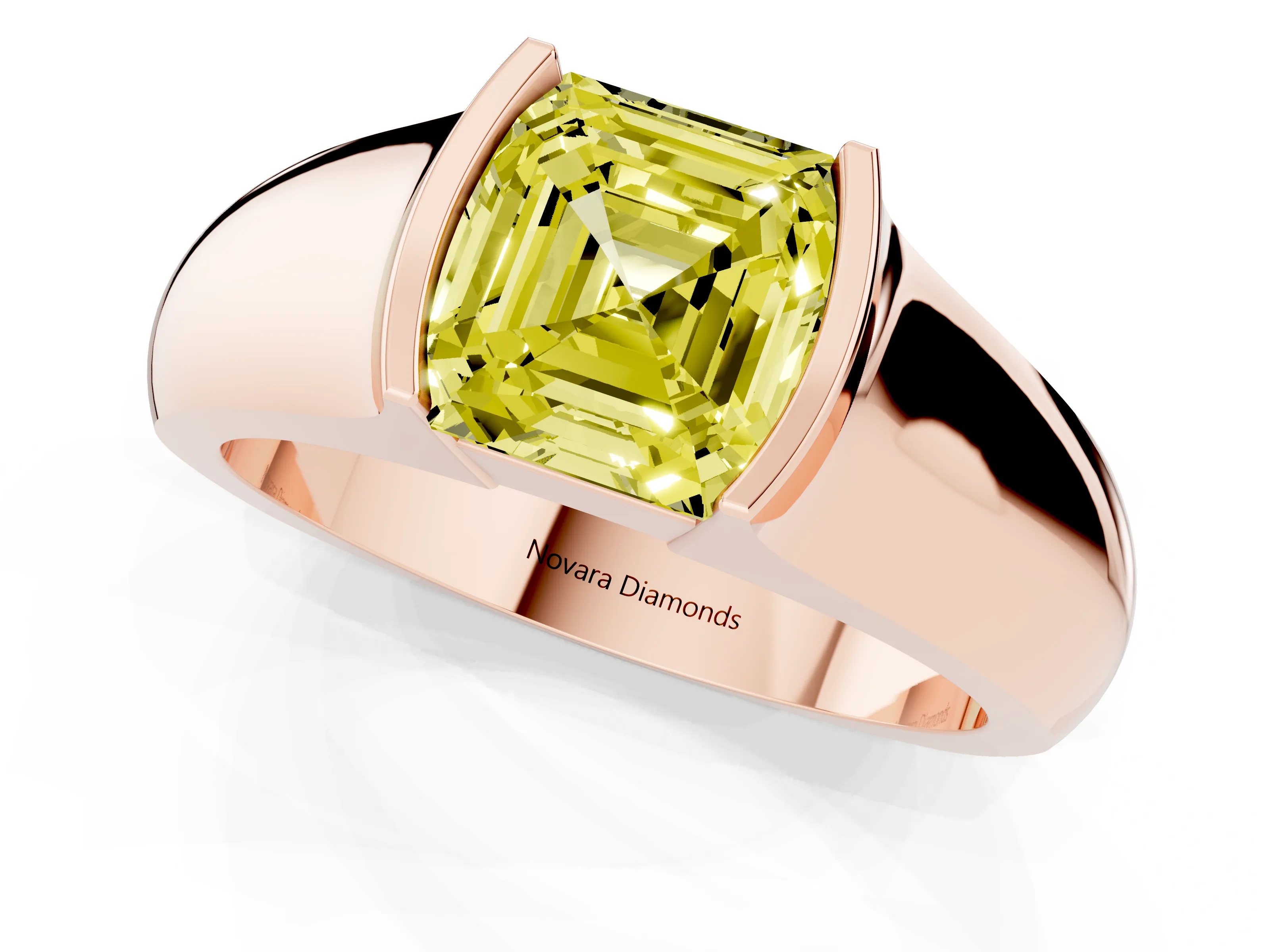 Fancy Yellow Asscher Cut Diamond Bezel Solitaire Ring Set in Rose gold with Wide Band