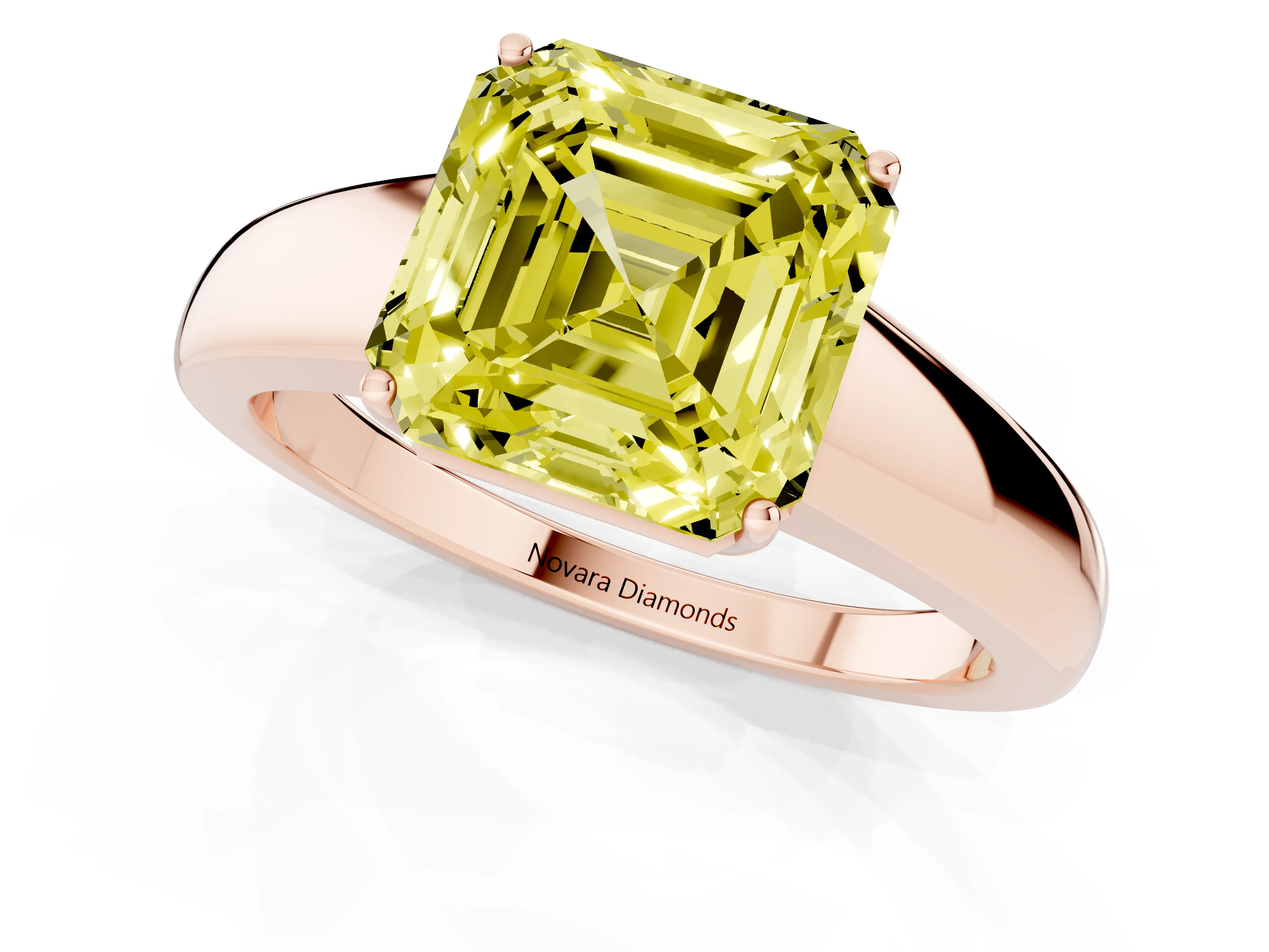 Fancy Yellow Asscher Cut Diamond Solitaire Ring Set in Rose gold with Tapered Band and Prong Setting