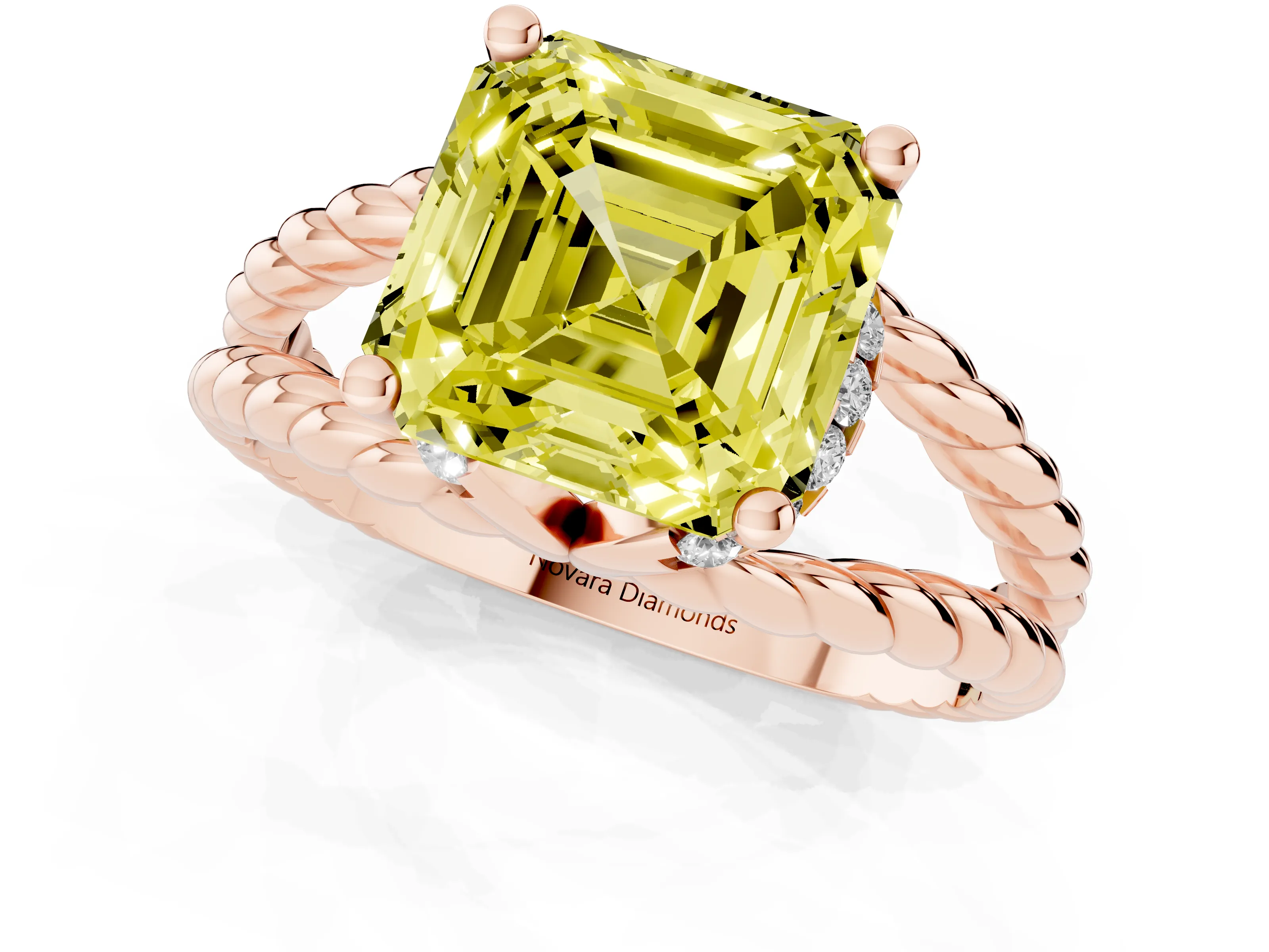 Fancy Yellow Asscher Cut Diamond Halo Ring Set in Rose gold with Twisted Band and Prong Setting