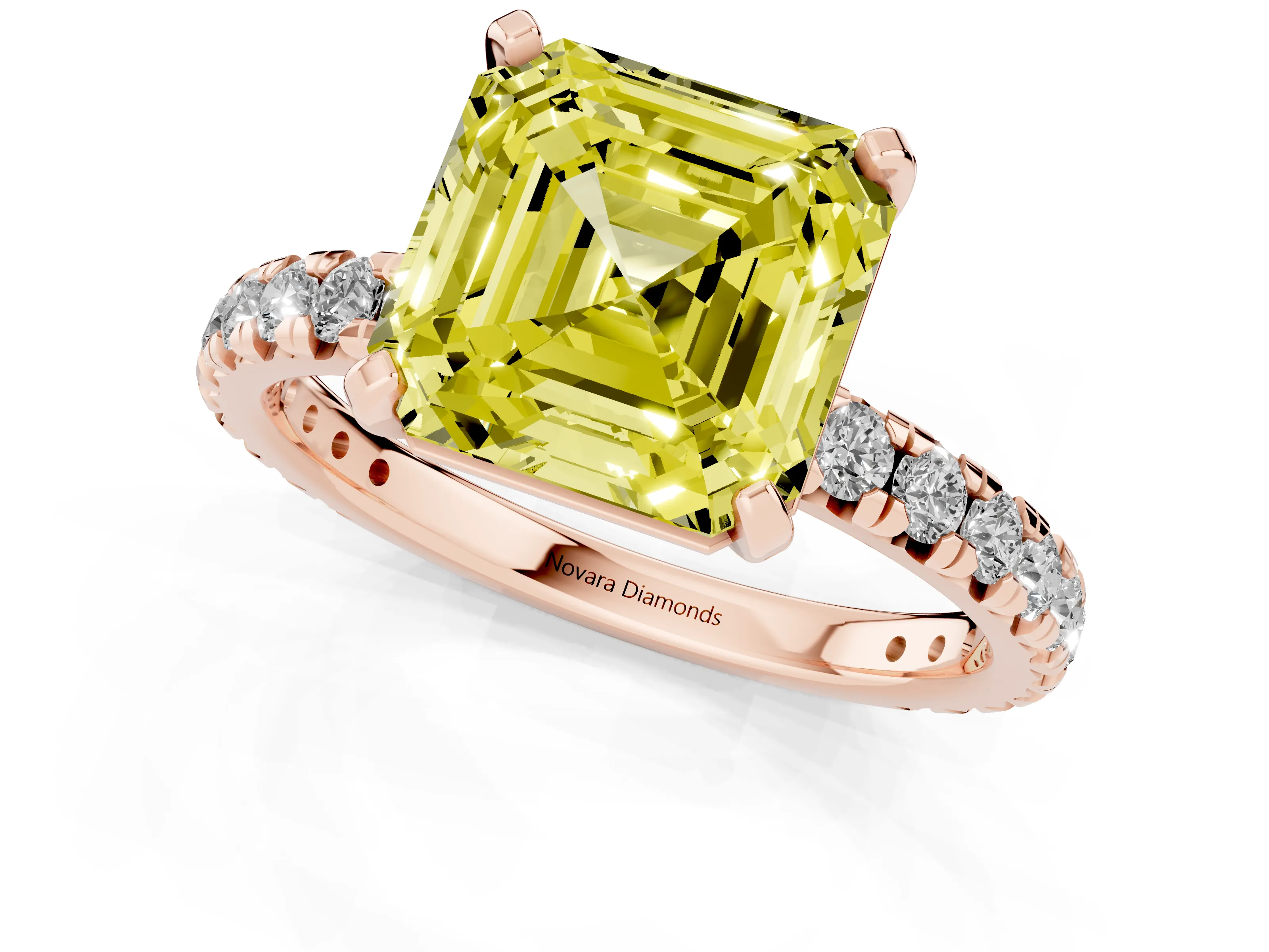 Fancy Yellow Asscher Cut Diamond Pavé Solitaire Ring Set in Rose gold with Round Band and Prong Setting