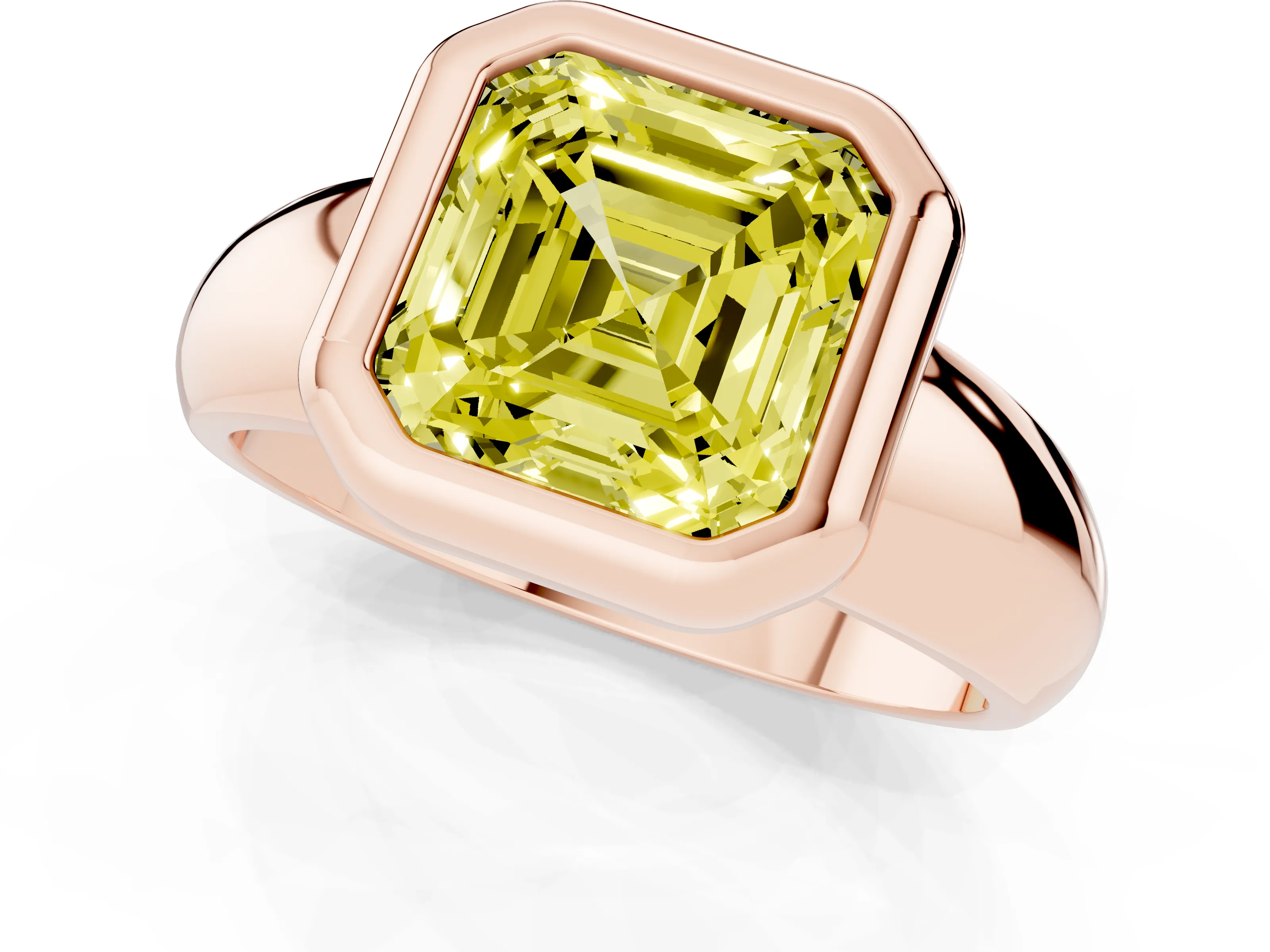 Fancy Yellow Bezel Set Asscher Cut Diamond Solitaire Ring Set in Rose gold with Wide Band