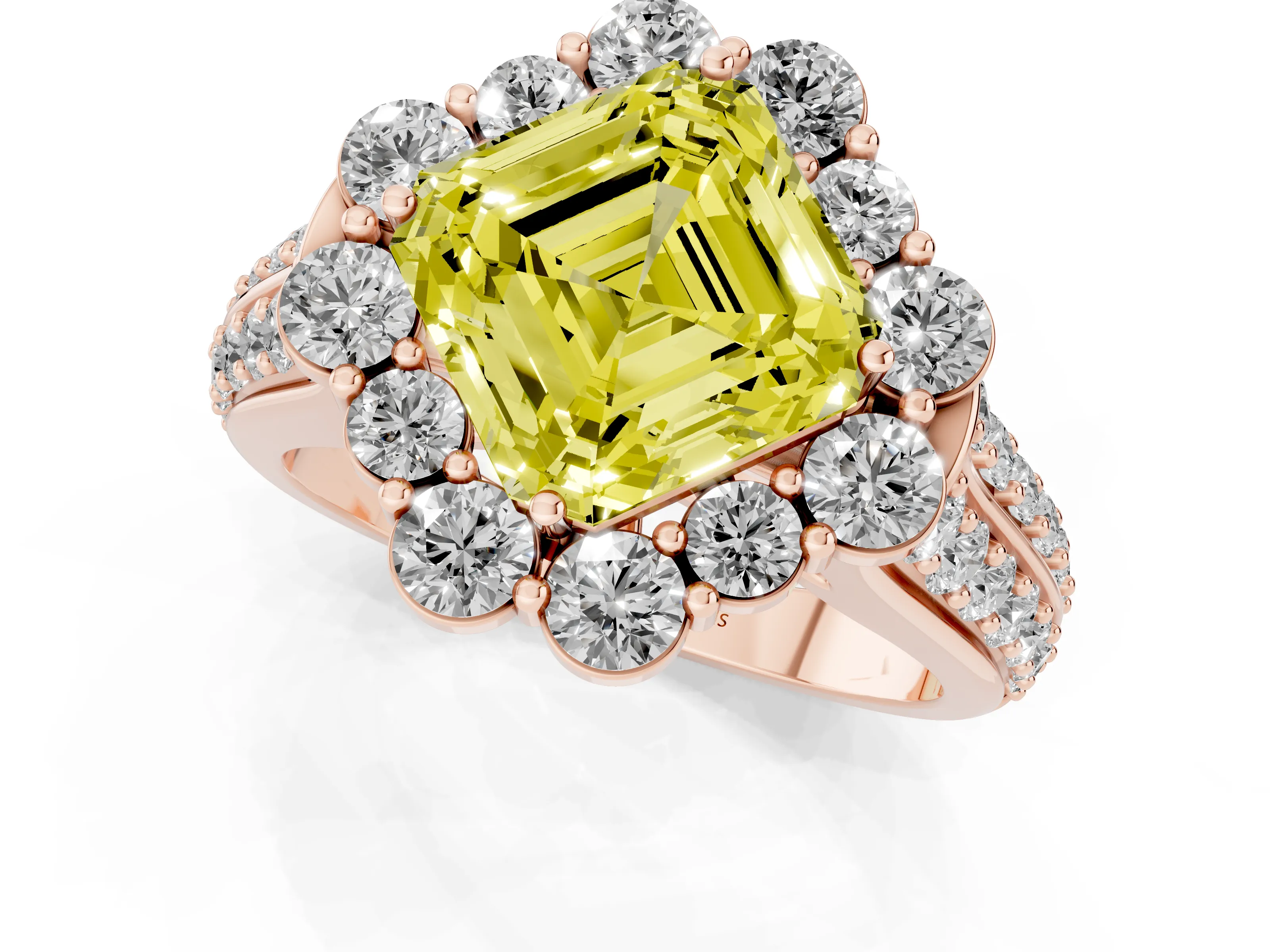 Fancy Yellow Asscher Cut Diamond Halo Engagement Ring Set in Rose gold with Split Shank and Prong Setting