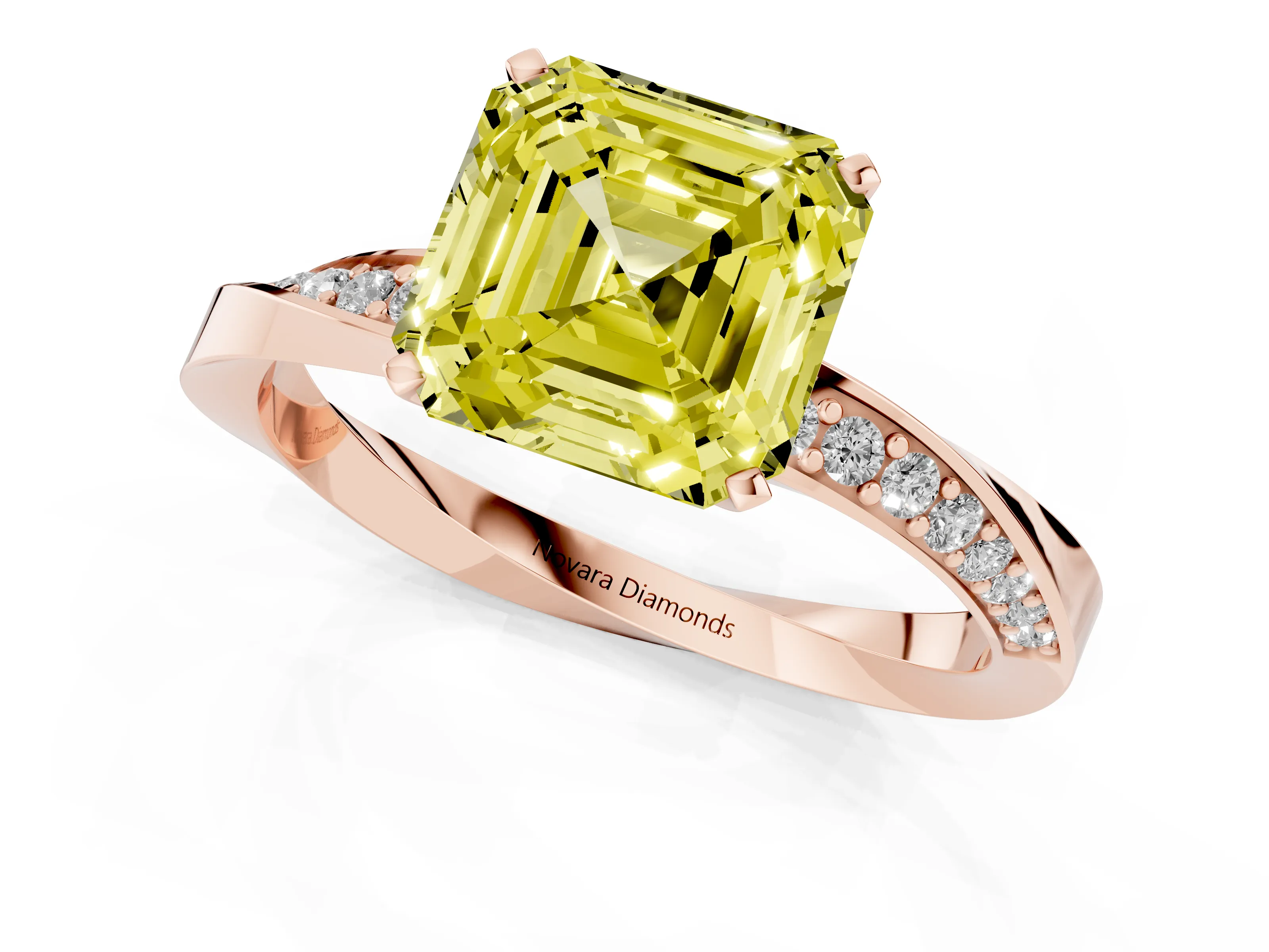 Fancy Yellow Asscher Cut Diamond Engagement Ring Set in Rose gold with Side Stone Accents and Prong Setting