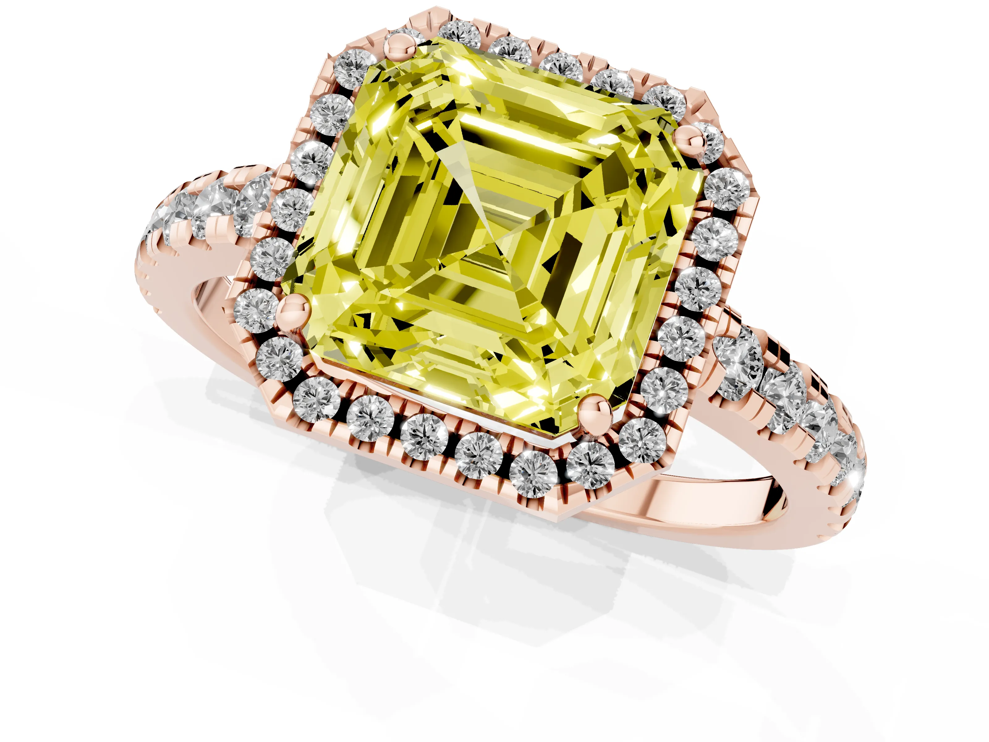 Fancy Yellow Asscher Cut Diamond Halo Ring Set in Rose gold with Delicate Pavé Band and Prong Setting