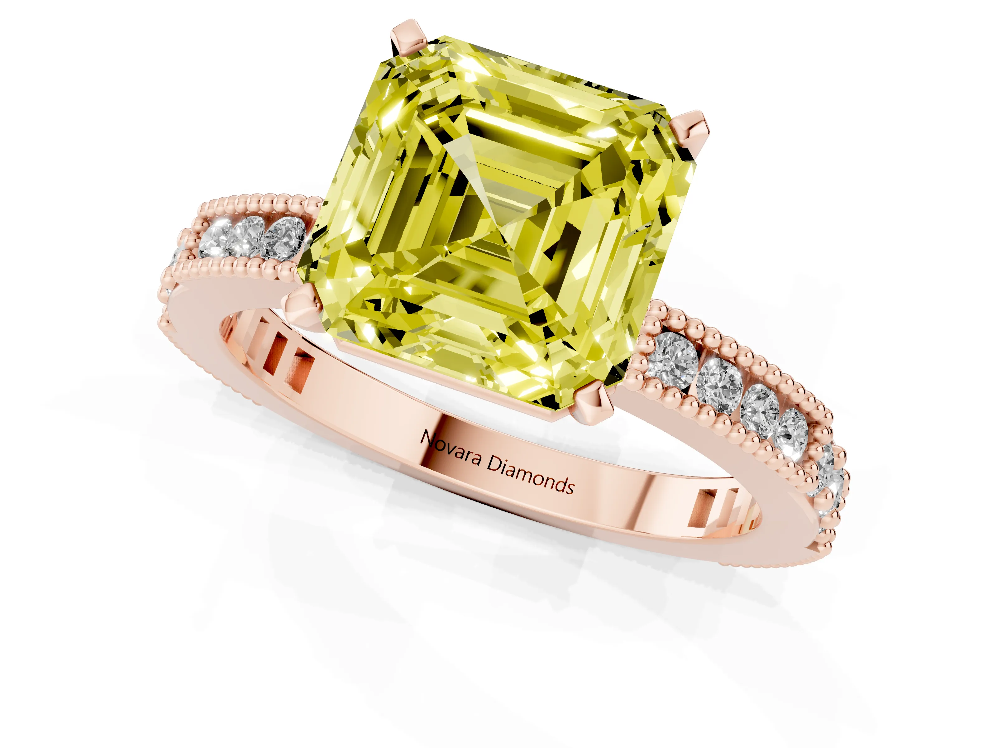 Fancy Yellow Asscher Cut Diamond Solitaire Ring Set in Rose gold with Slim Pavé Band and Prong Setting