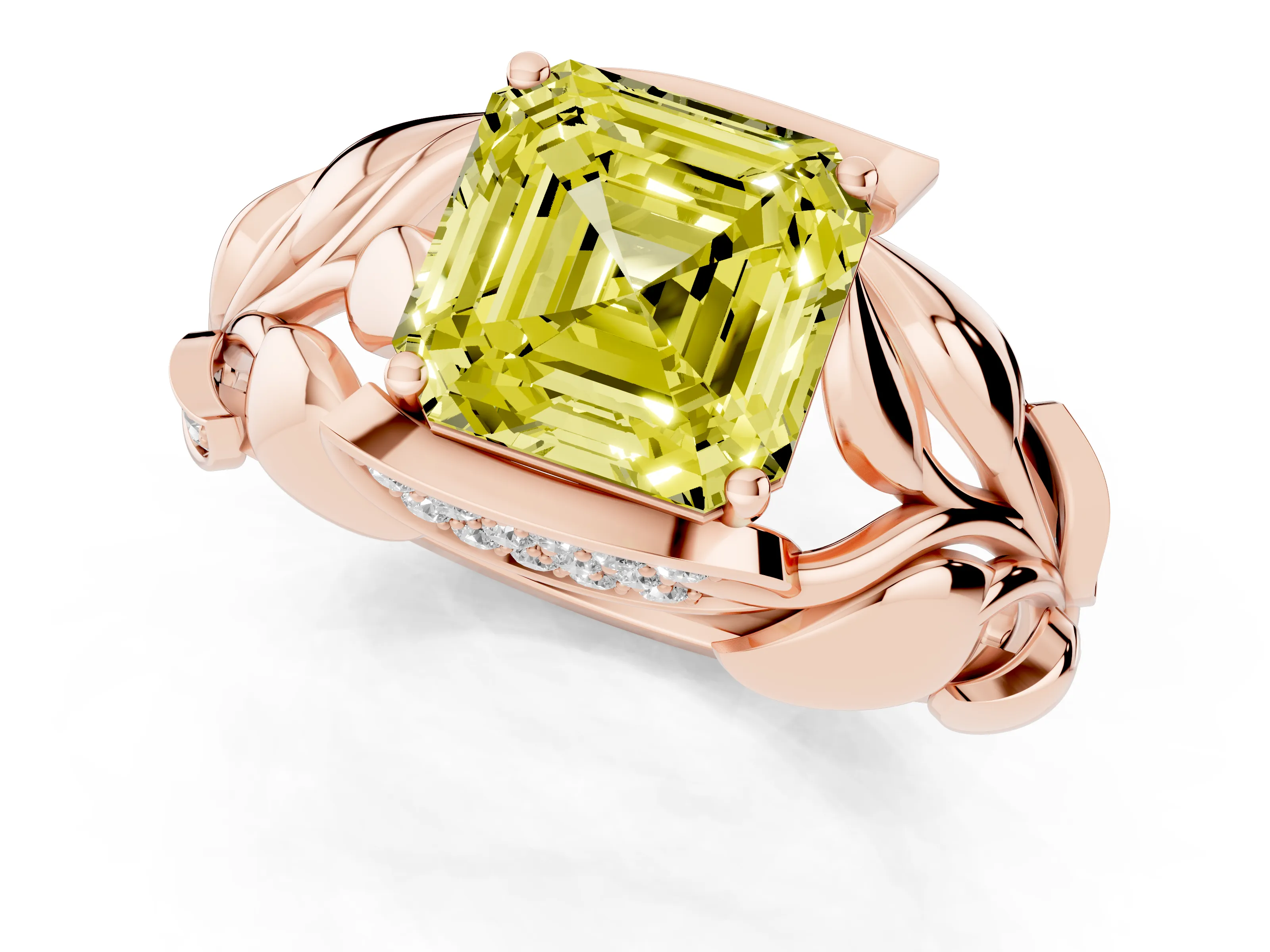 Fancy Yellow Asscher Cut Diamond Leaf-Inspired Engagement Ring Set in Rose gold with Round Accents