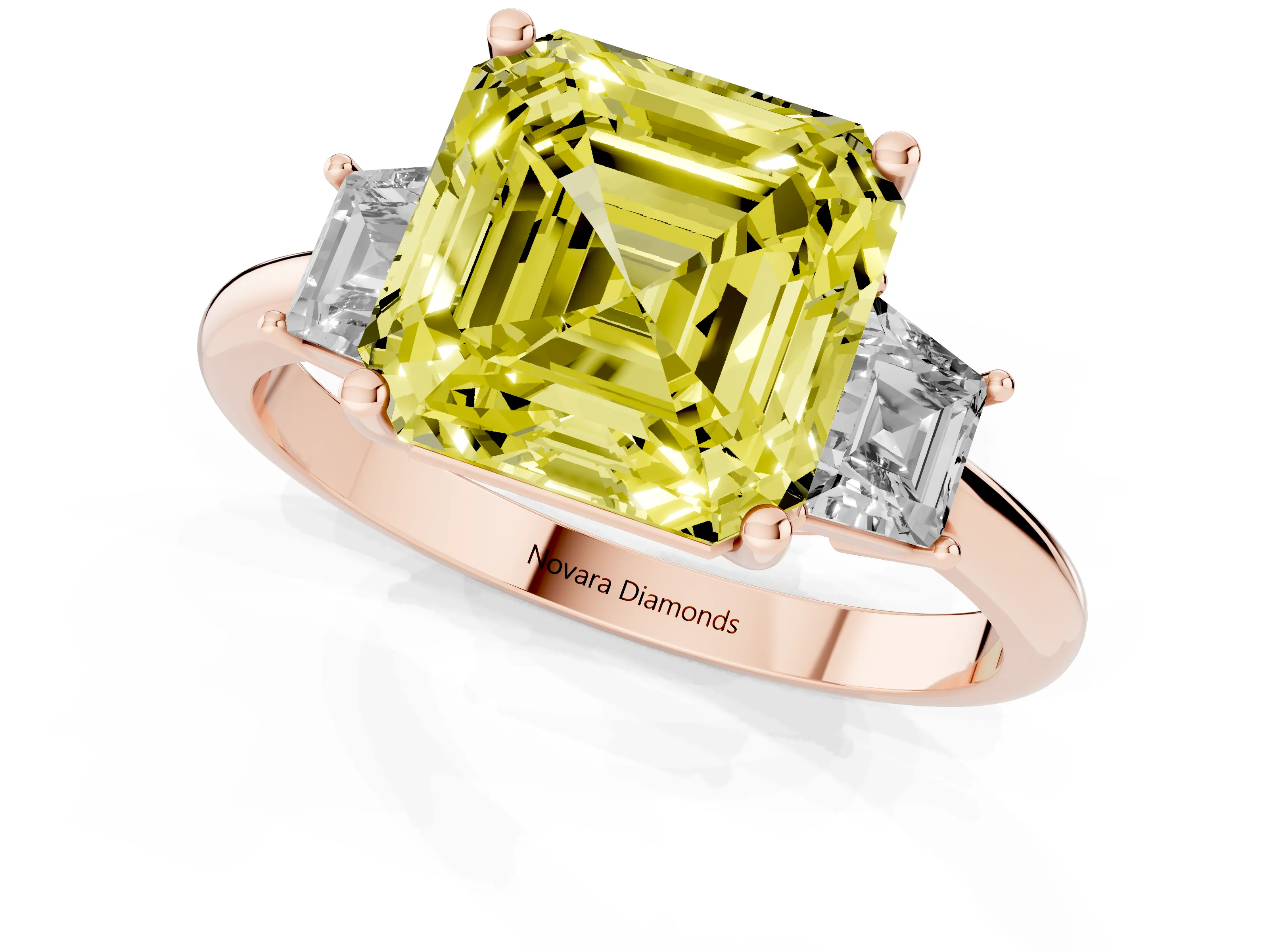 Fancy Yellow Asscher Cut Diamond Three-Stone Ring Set in Rose gold with Trapezoid Side Stones and Prong Setting