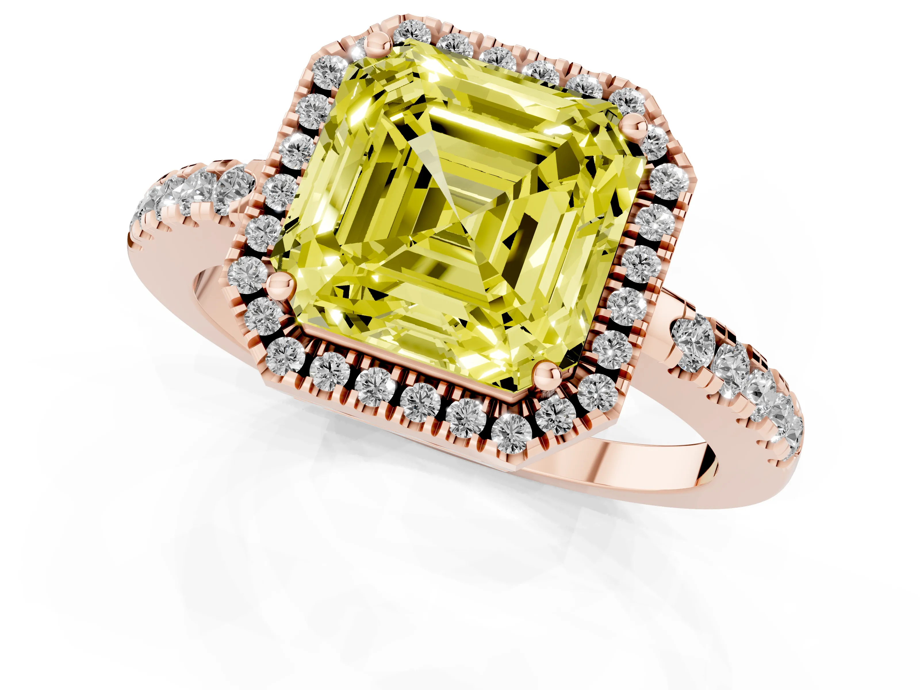 Fancy Yellow Asscher Cut Diamond Pavé Band Halo Engagement Ring Set in Rose gold with Prong Setting