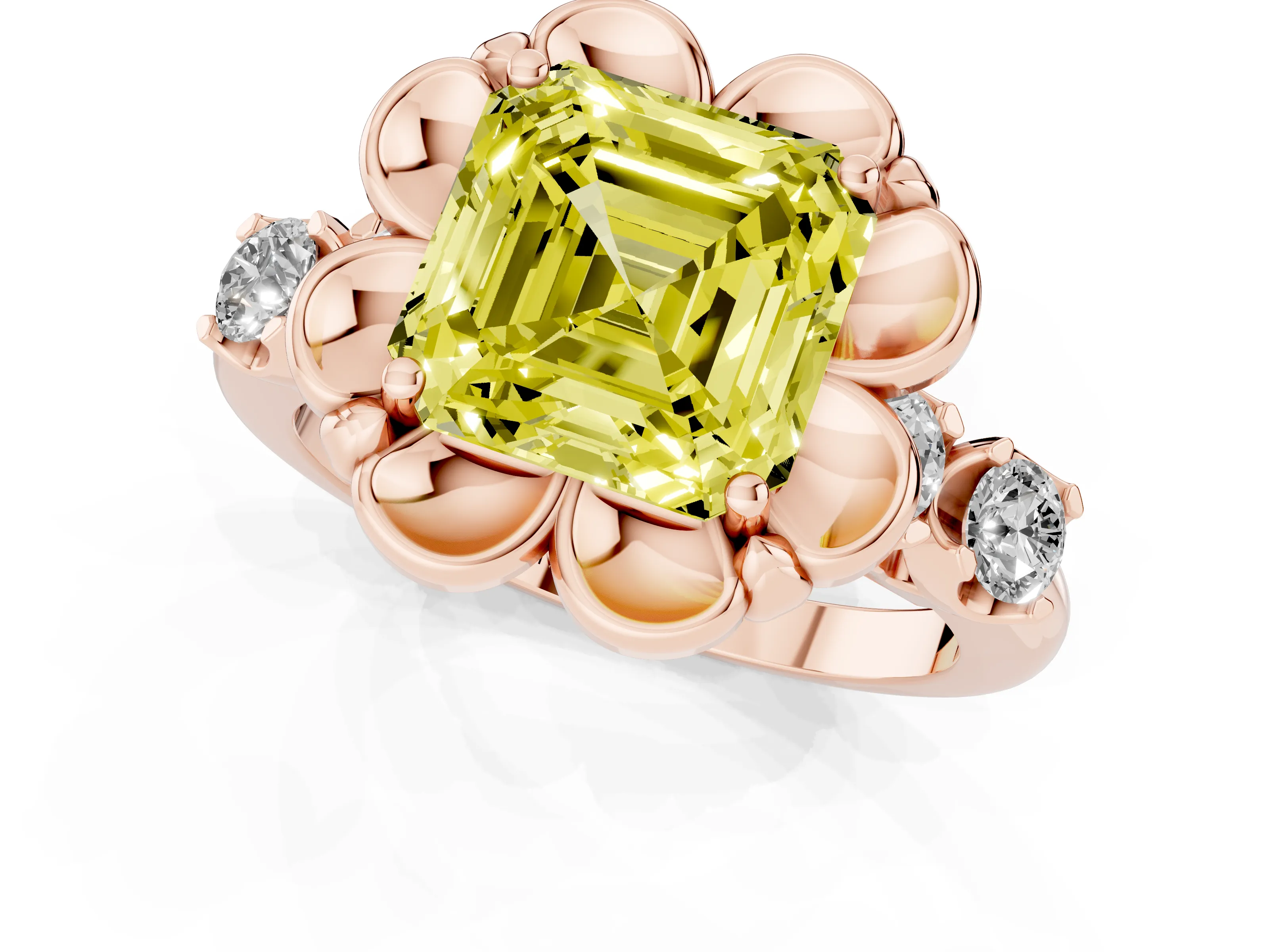Fancy Yellow Asscher Cut Diamond Floral Halo Ring Set in Rose gold with Shared Prong Band