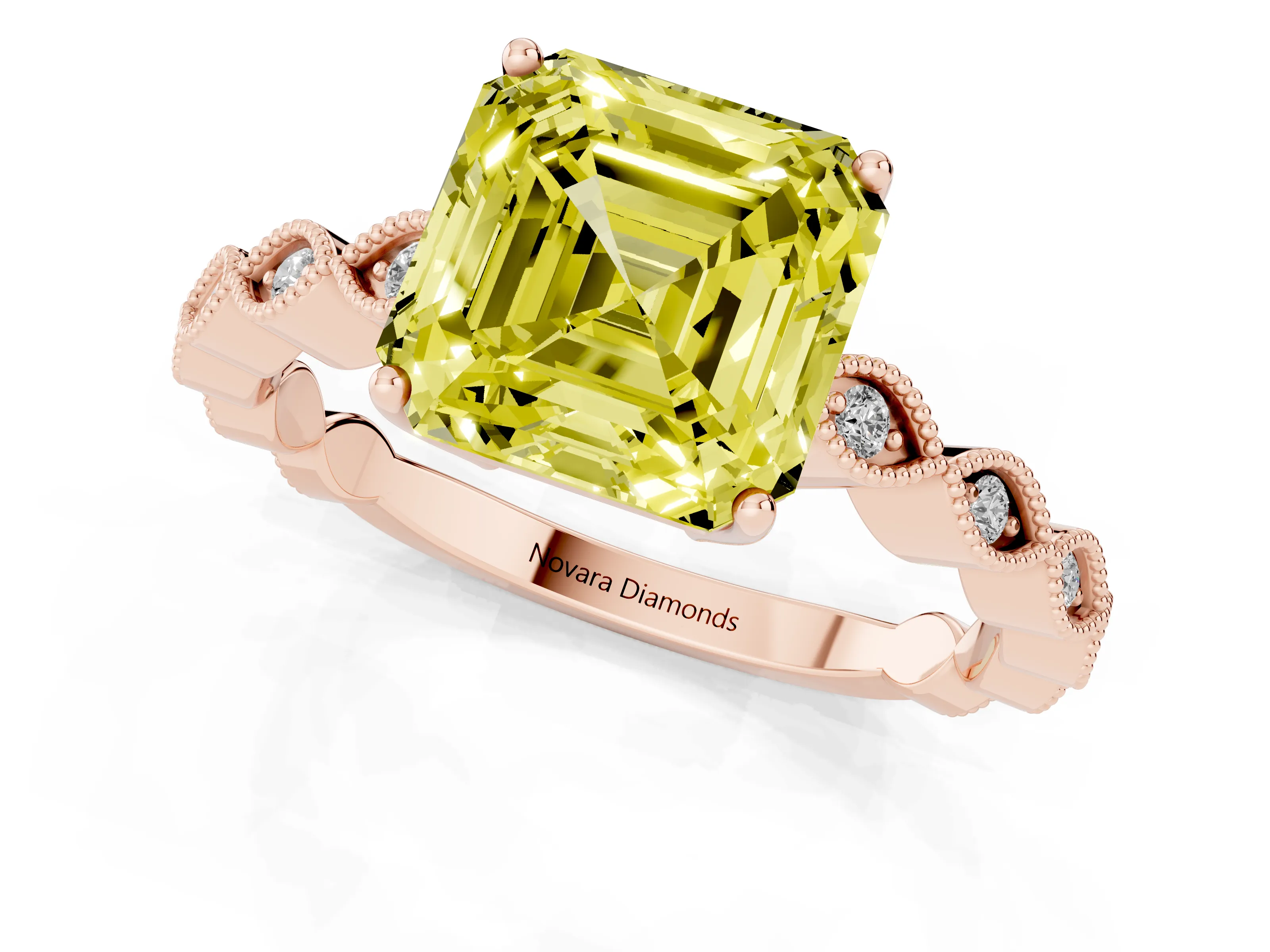 Fancy Yellow Asscher Cut Diamond Solitaire Ring Set in Rose gold with Infinity Twist Pavé Band