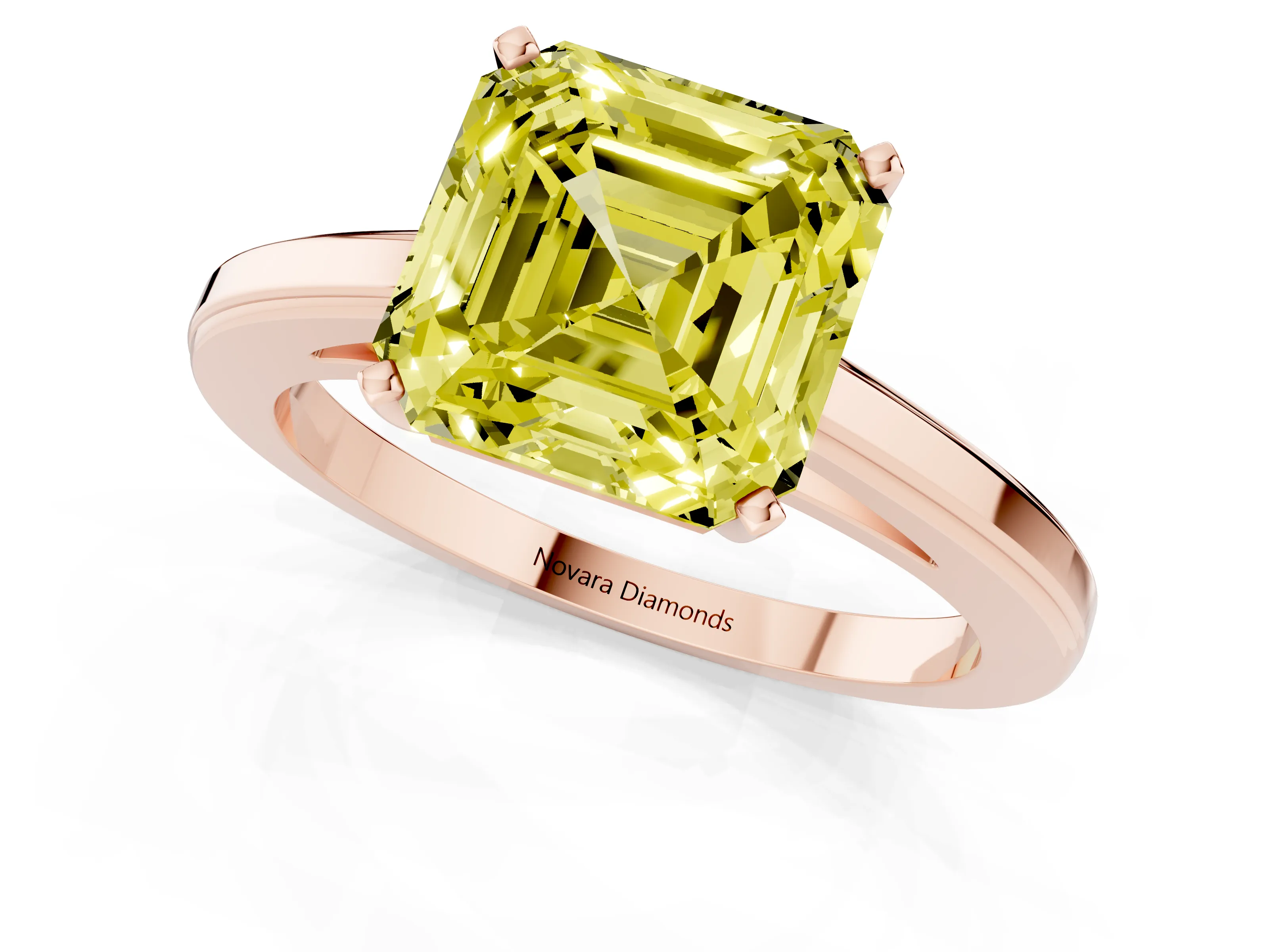 Fancy Yellow Asscher Cut Diamond Solitaire Ring Set in Rose gold with Prong Setting and Classic Band