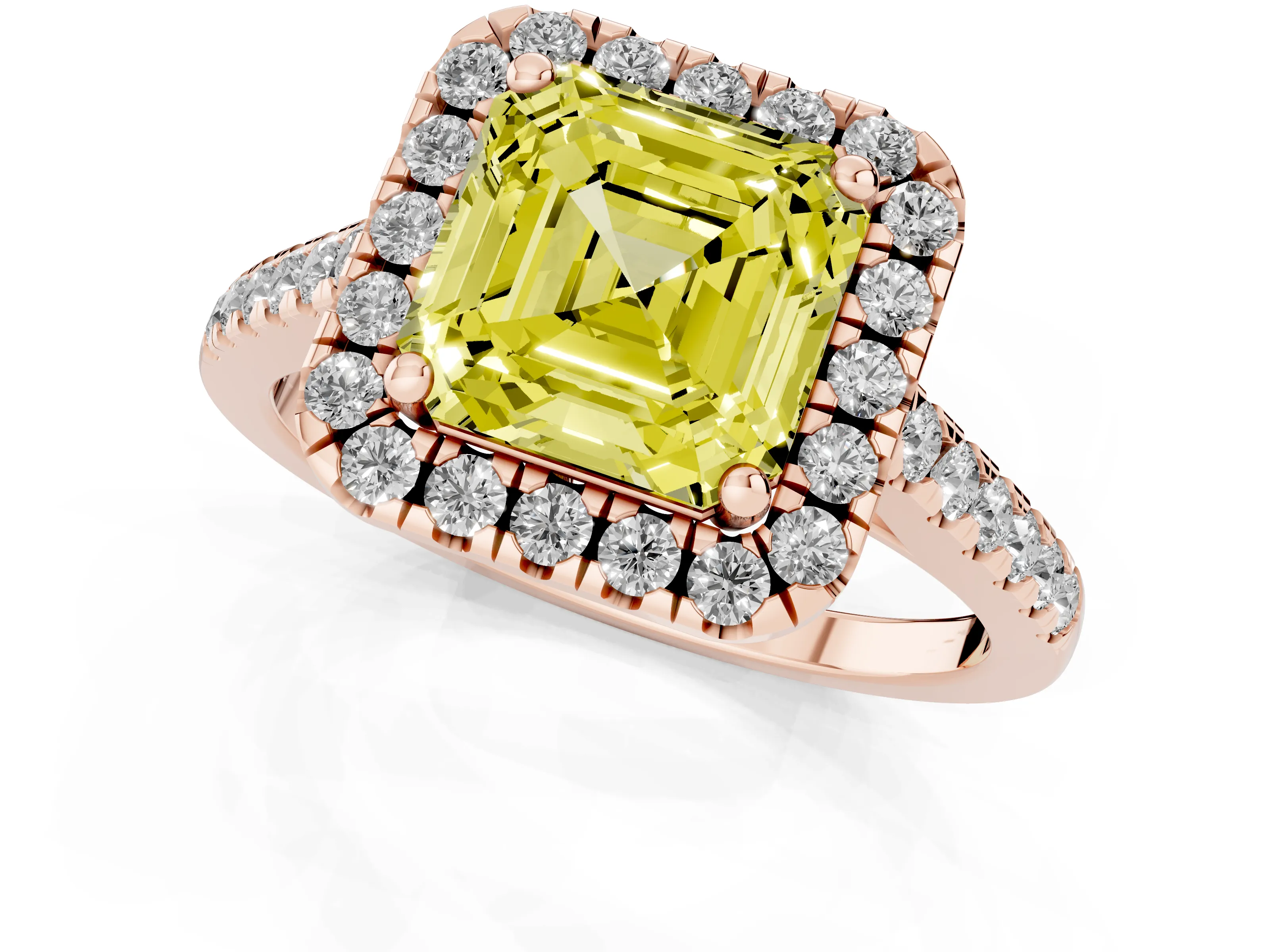 Fancy Yellow Asscher Cut Diamond Pavé Halo Engagement Ring Set in Rose gold with Pavé Band and Prong Setting