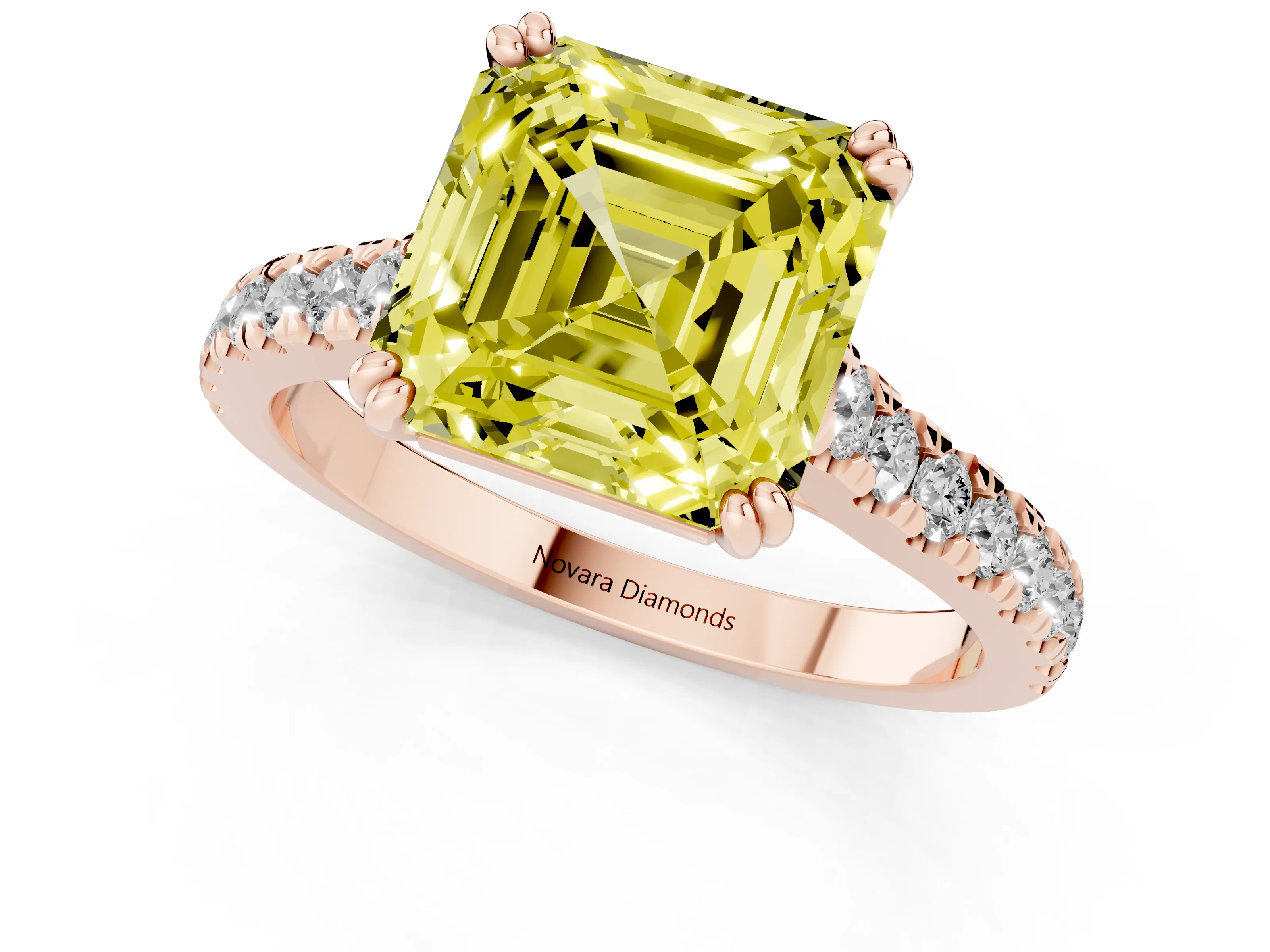 Fancy Yellow Asscher Cut Diamond Solitaire Engagement Ring Set in Rose gold with Pavé Accents and Prong Setting