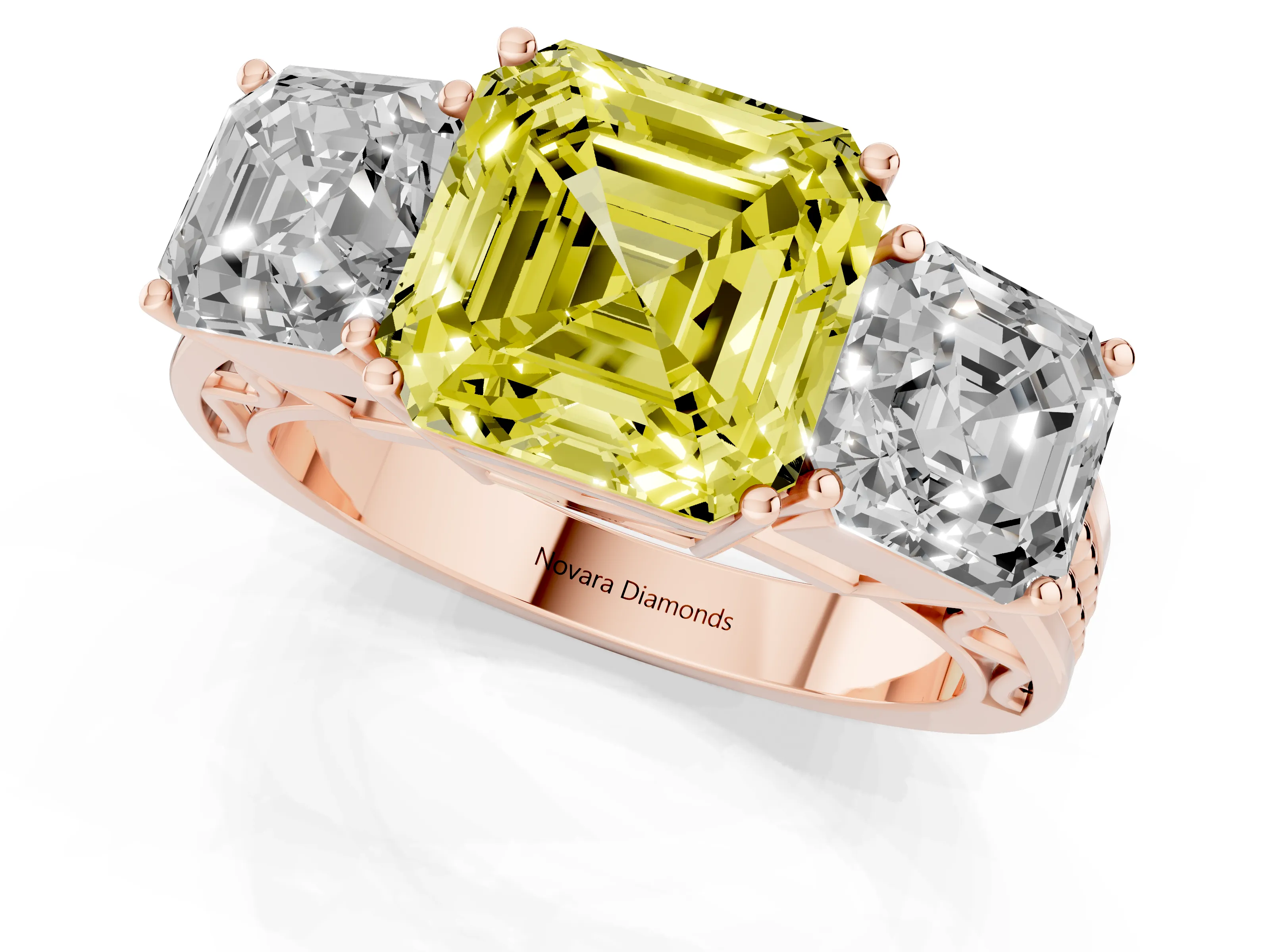 Fancy Yellow Asscher Cut Diamond Three-Stone Ring Set in Rose gold with Textured Band