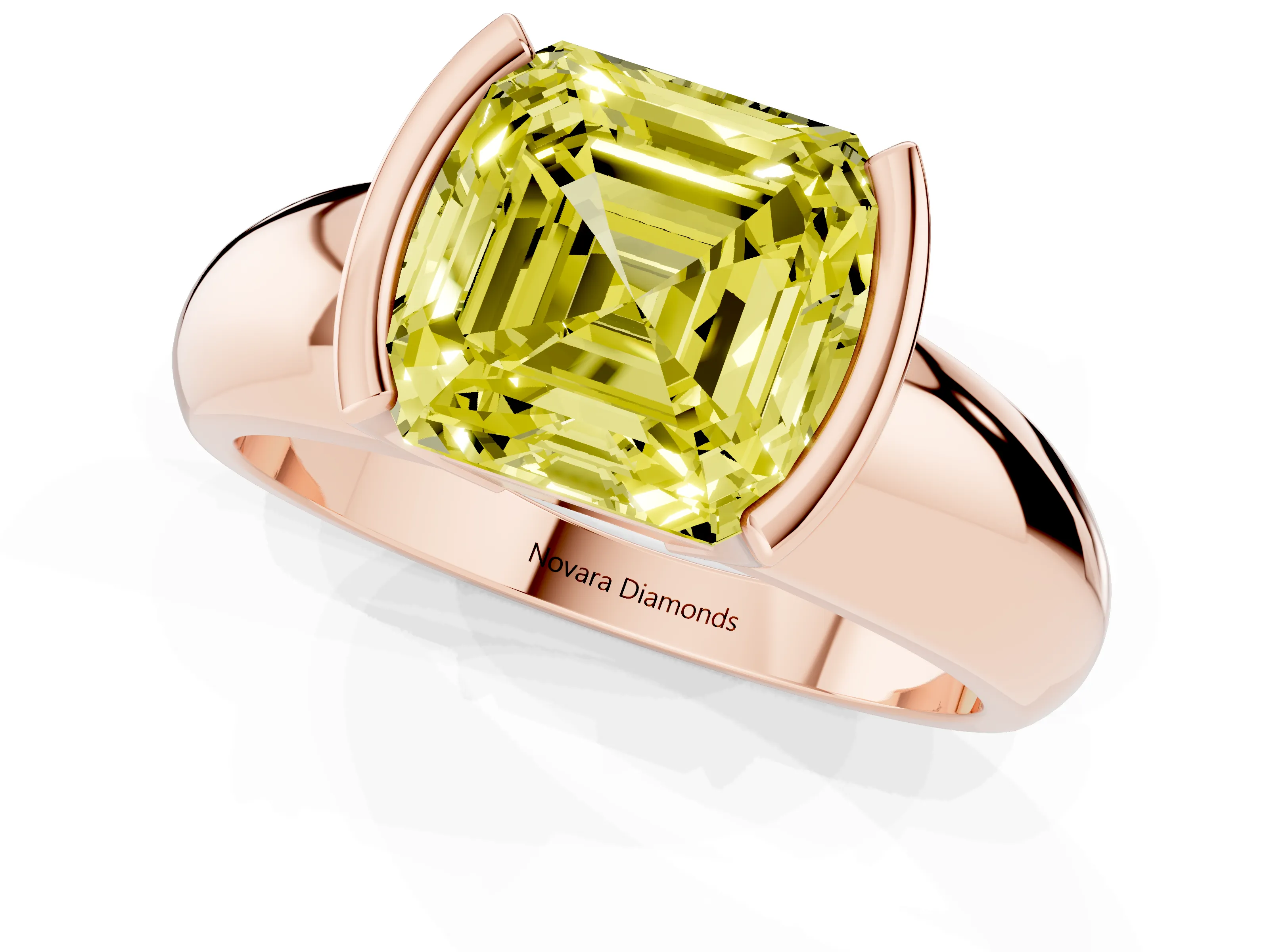 Fancy Yellow Asscher Cut Diamond Solitaire Tension Set Ring Set in Rose gold with Wide Band