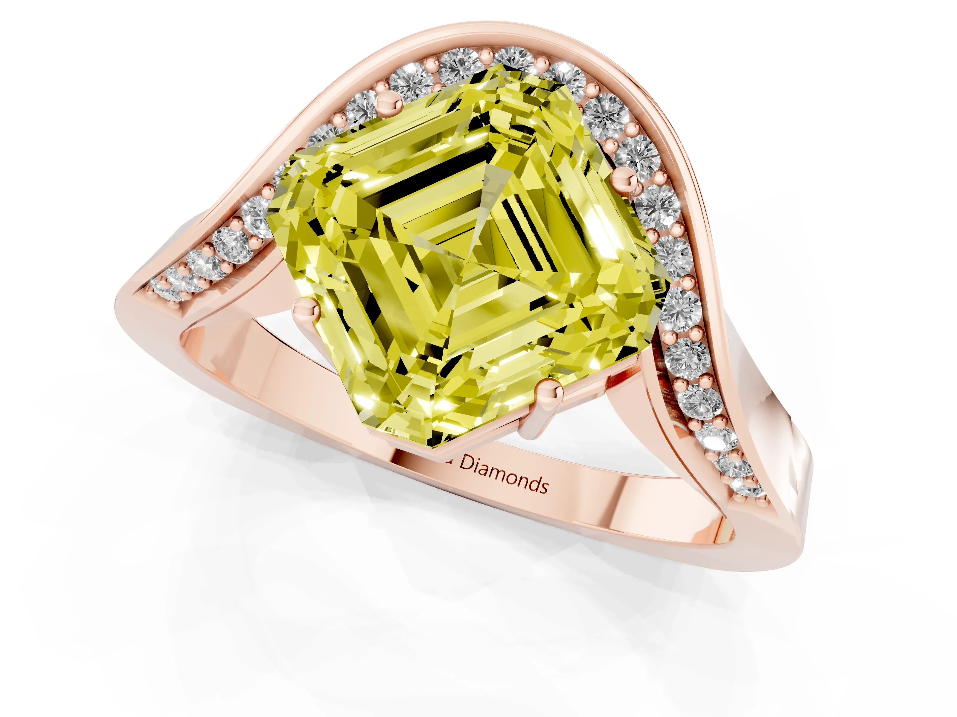 Fancy Yellow Asscher Cut Diamond Solitaire Engagement Ring Set in Rose gold with Pavé Shoulders