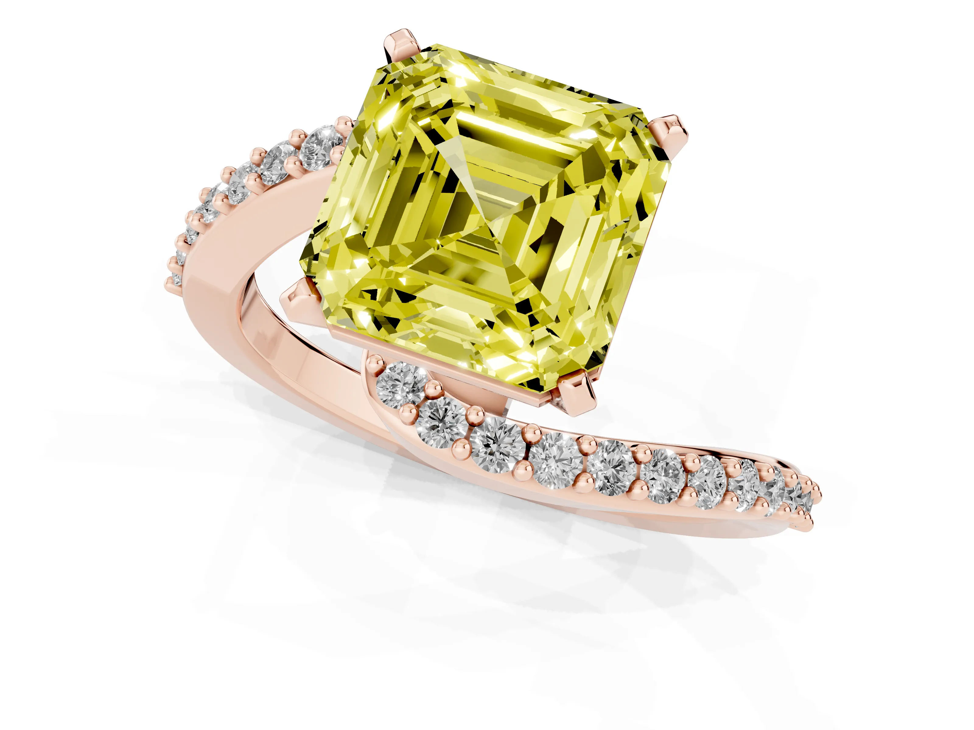 Fancy Yellow Asscher Cut Diamond Solitaire Ring Set in Rose gold with Pavé Twist Band and Prong Setting