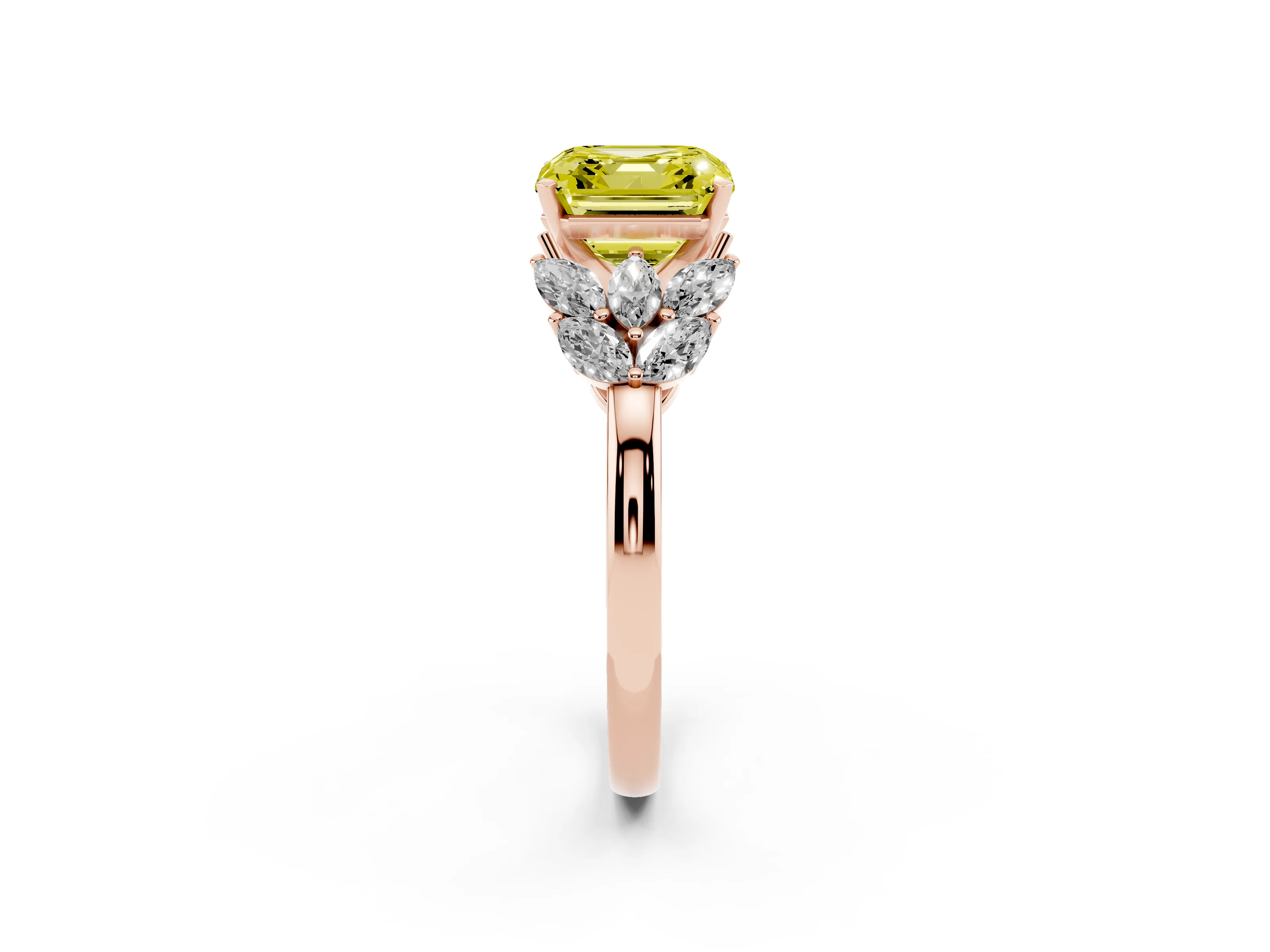 Fancy Yellow Asscher Cut Diamond Cluster Leaf Design Ring Set in Rose gold with Prong Setting